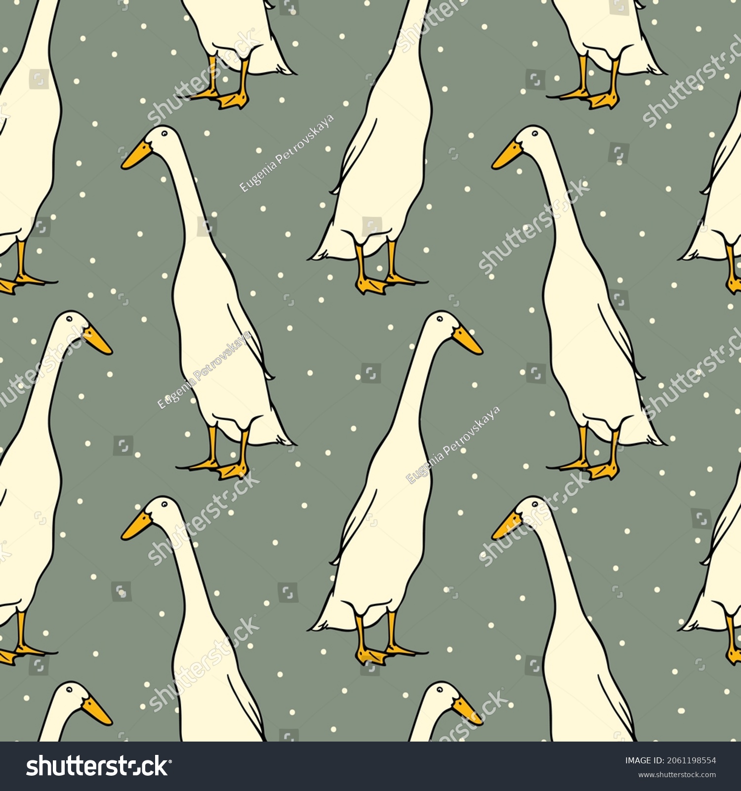 SVG of Vector seamless pattern with hand drawn cute Indian Runner duck on polka dots background. Ink drawing, beautiful farm products design elements. Perfect for prints and patterns svg