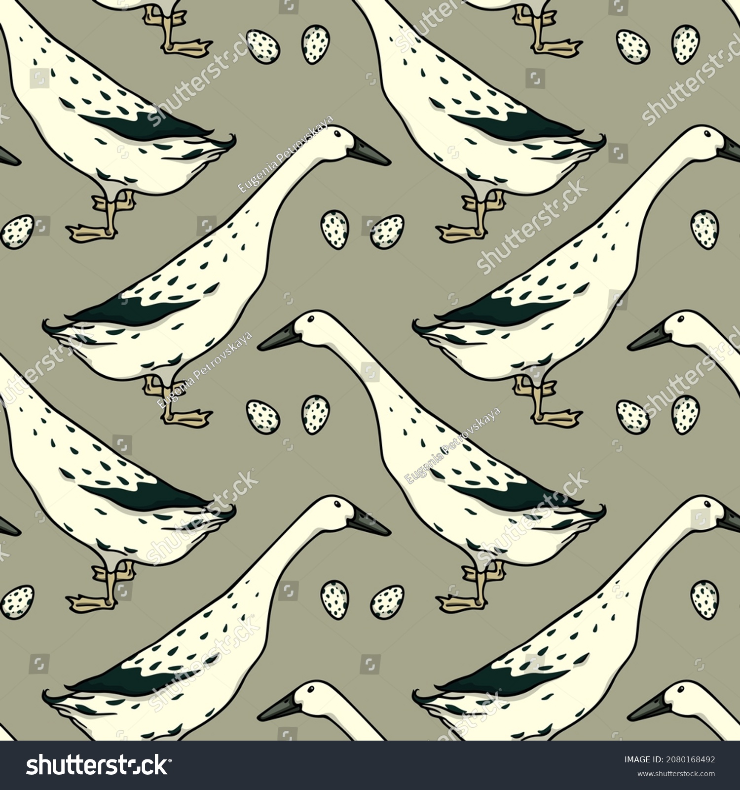 SVG of Vector seamless pattern with hand drawn cute Silver Indian Runner ducks with eggs. Ink drawing, beautiful farm products design elements. Perfect for prints and patterns svg