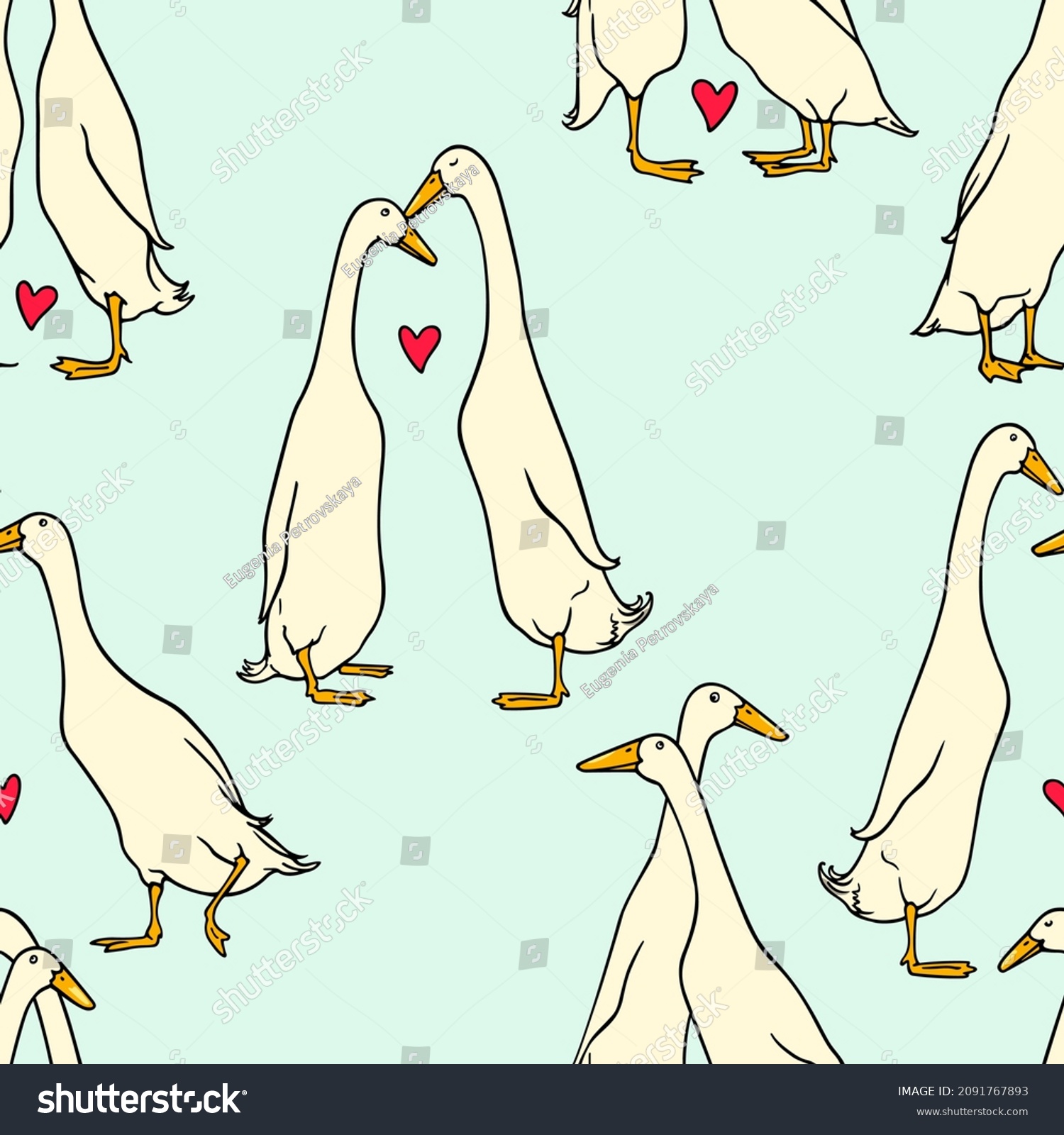 SVG of Vector seamless pattern with hand drawn cute white Indian Runner ducks in love. Ink drawing, beautiful Valentine's day design elements. Perfect for prints and patterns svg