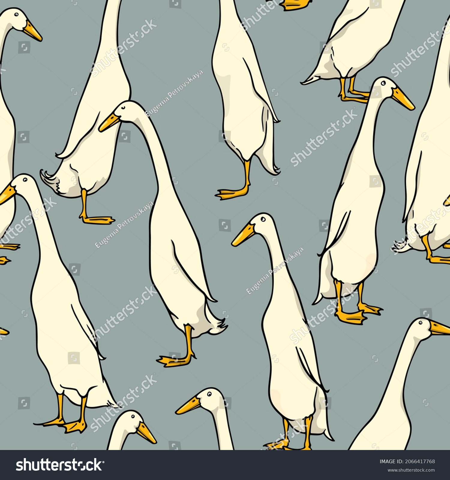 SVG of Vector seamless pattern with hand drawn cute white Indian Runner ducks. Ink drawing, beautiful farm products design elements. Perfect for prints and patterns svg