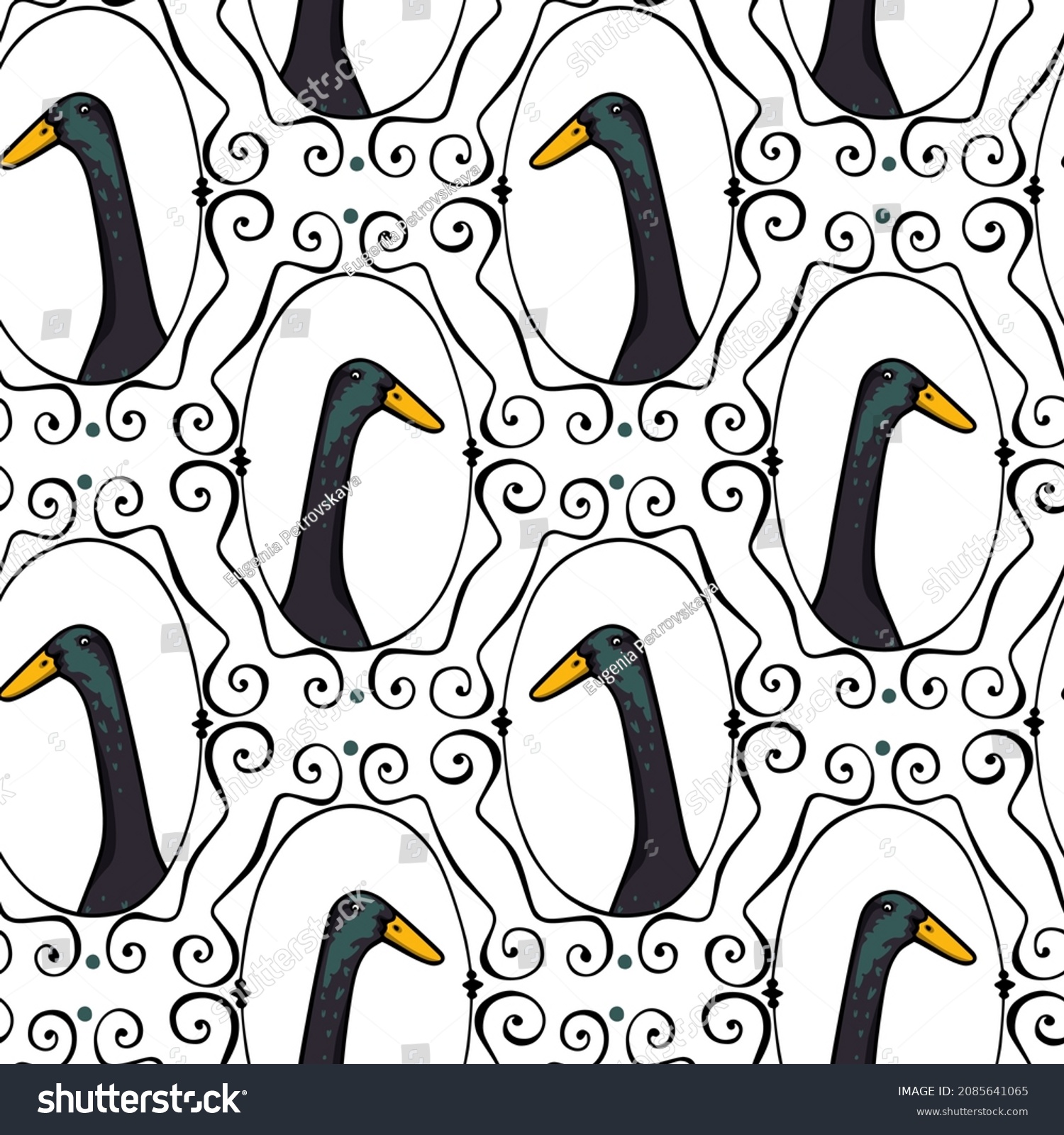 SVG of Vector seamless pattern with hand drawn portrait of a cute black Indian Runner duck in elegant vintage frame. Ink drawing, beautiful farm products design elements. Perfect for prints and patterns svg