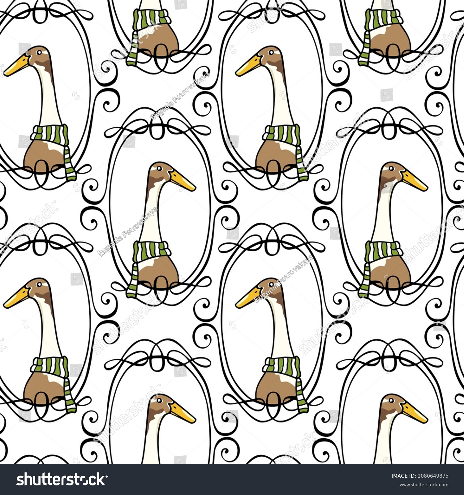 SVG of Vector seamless pattern with hand drawn portrait of a cute Indian Runner duck in elegant striped scarf in vintage frame. Perfect for prints and patterns svg