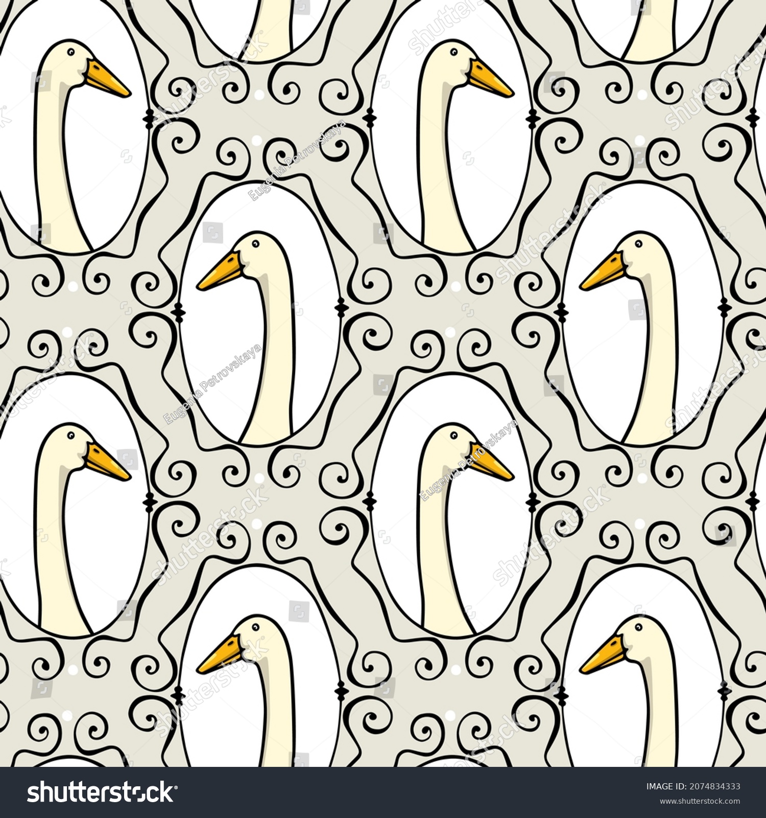 SVG of Vector seamless pattern with hand drawn portrait of a cute white Indian Runner duck in elegant vintage frame. Ink drawing, beautiful farm products design elements. Perfect for prints and patterns svg