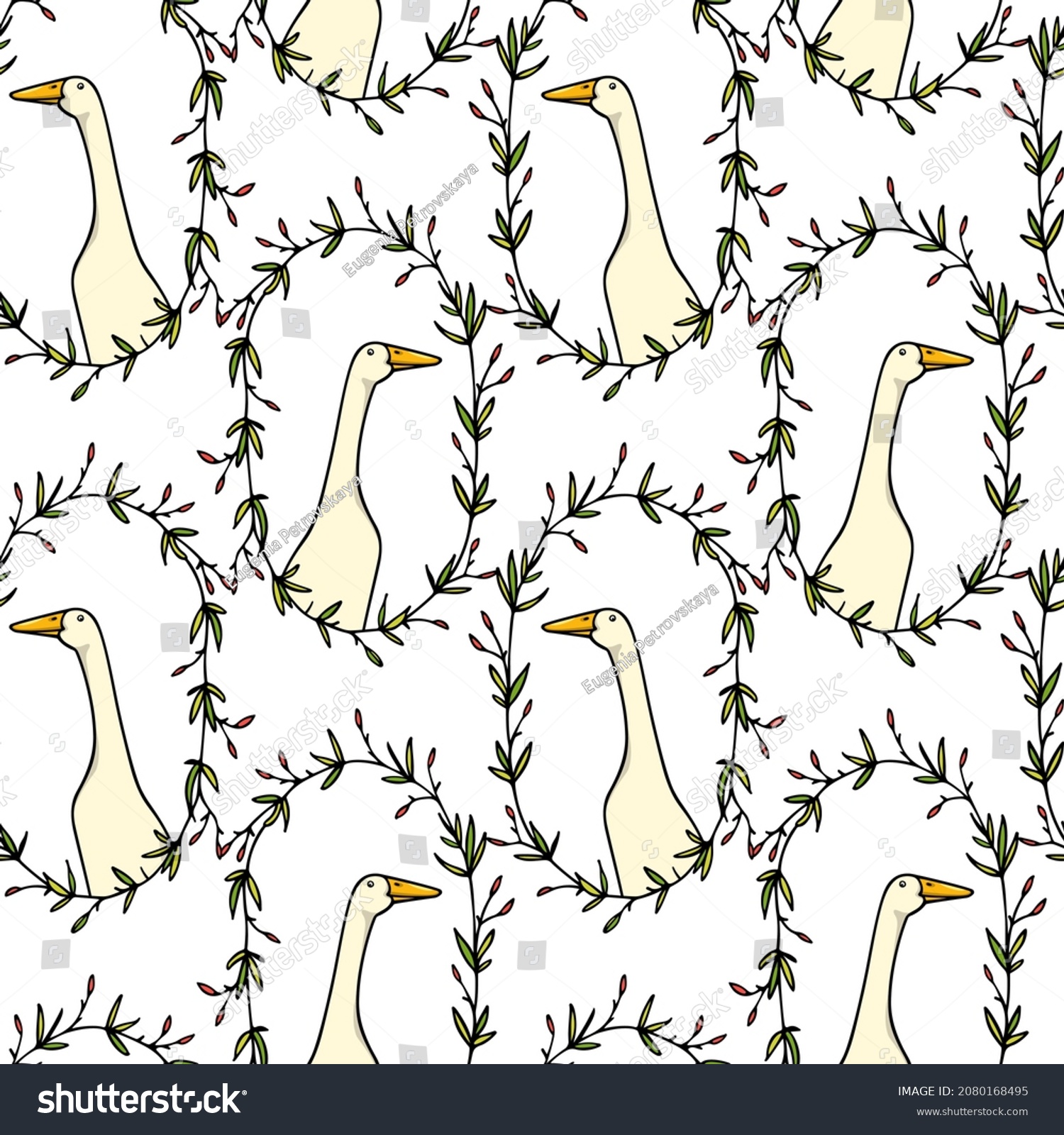 SVG of Vector seamless pattern with hand drawn portrait of a cute white Indian Runner duck in floral frame. Ink drawing, beautiful farm products design elements. Perfect for prints and patterns svg