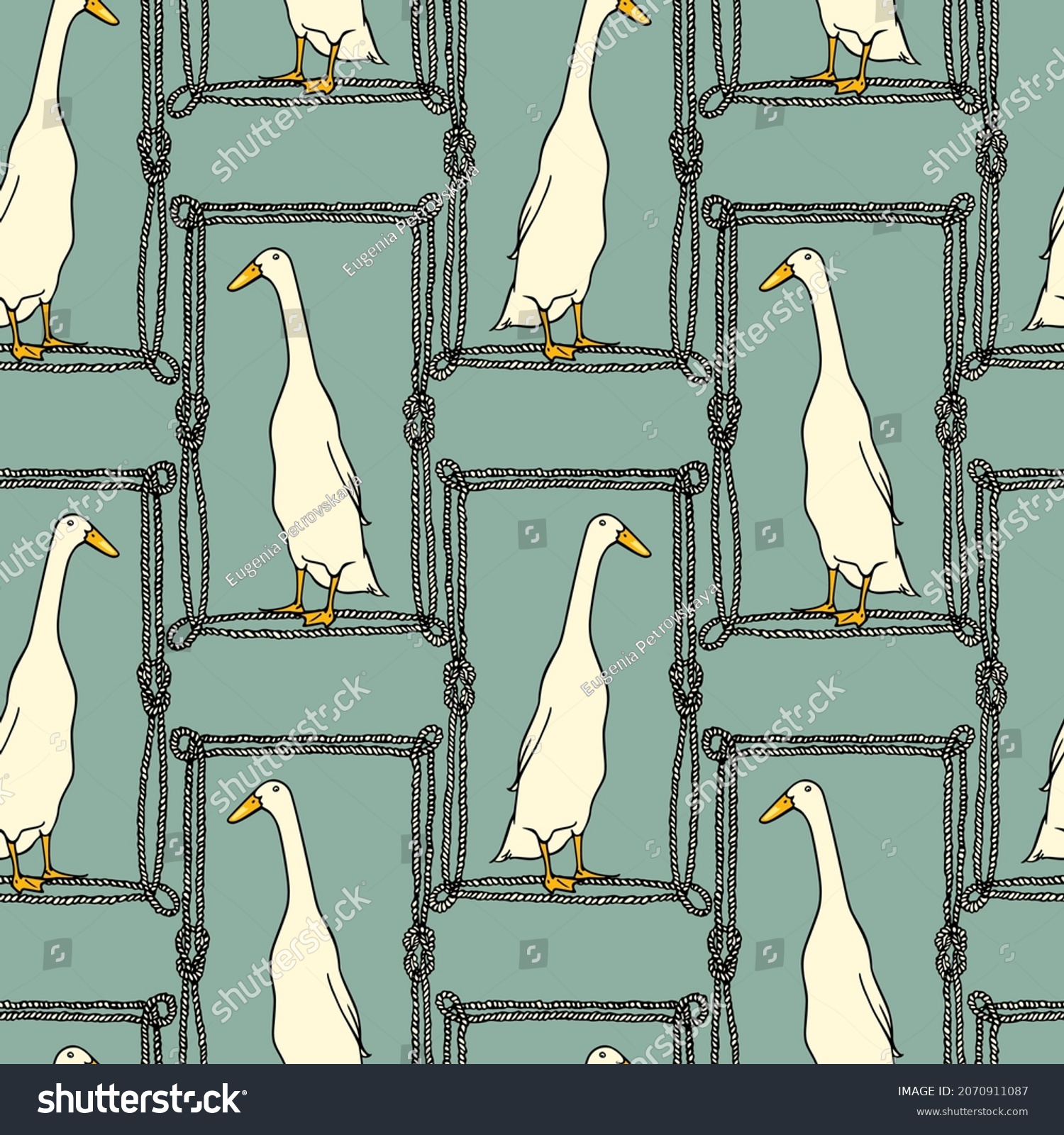 SVG of Vector seamless pattern with hand drawn portrait of a cute white Indian Runner duck in nautical rope frame. Ink drawing, beautiful farm products design elements. Perfect for prints and patterns svg