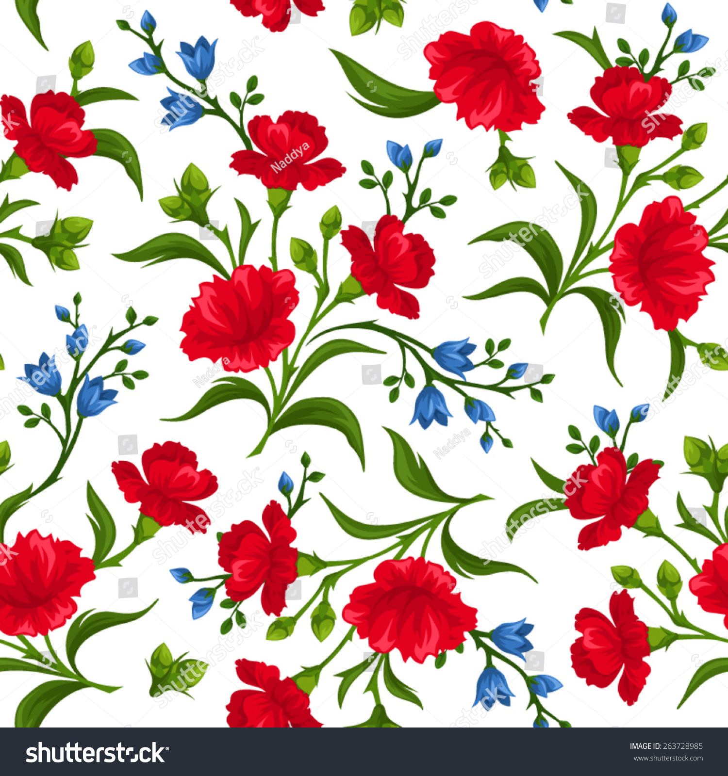 Vector Seamless Pattern Red Blue Flowers Stock Vector Royalty Free 263728985