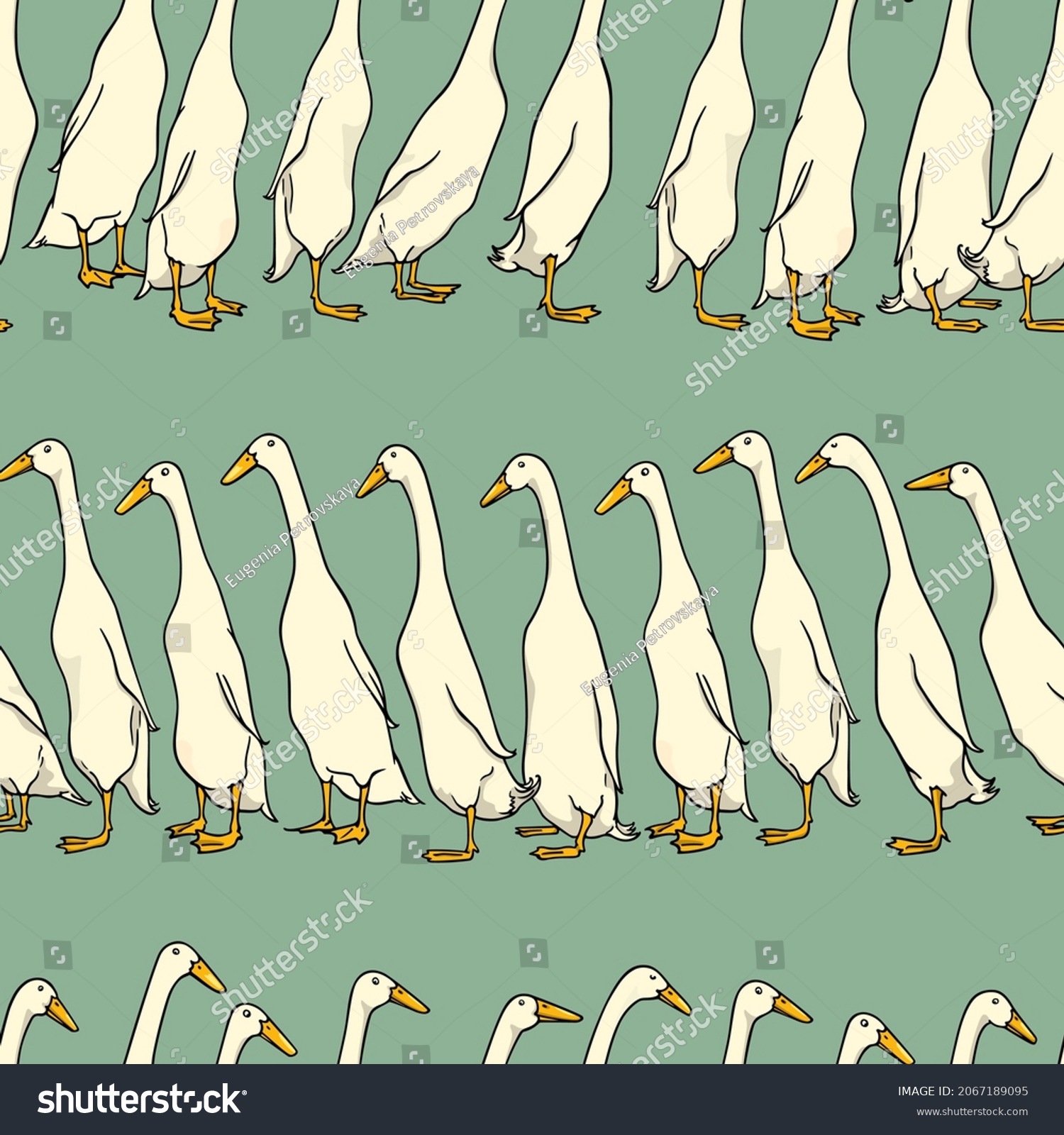 SVG of Vector seamless pattern with rows of hand drawn cute white Indian Runner ducks. Ink drawing, beautiful farm products design elements. Perfect for prints and patterns svg