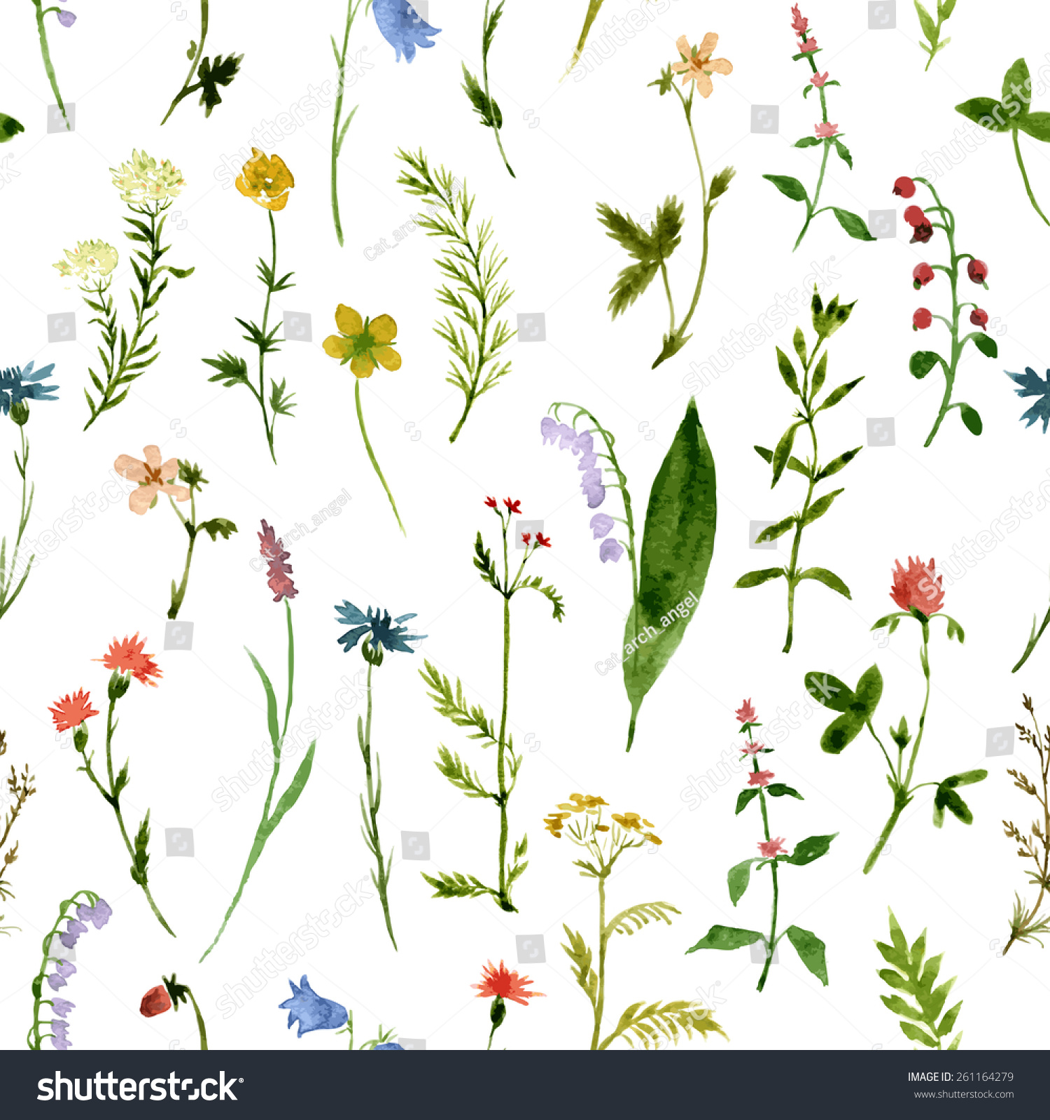 Vector Seamless Pattern Watercolor Wild Flowers Stock Vector (Royalty ...