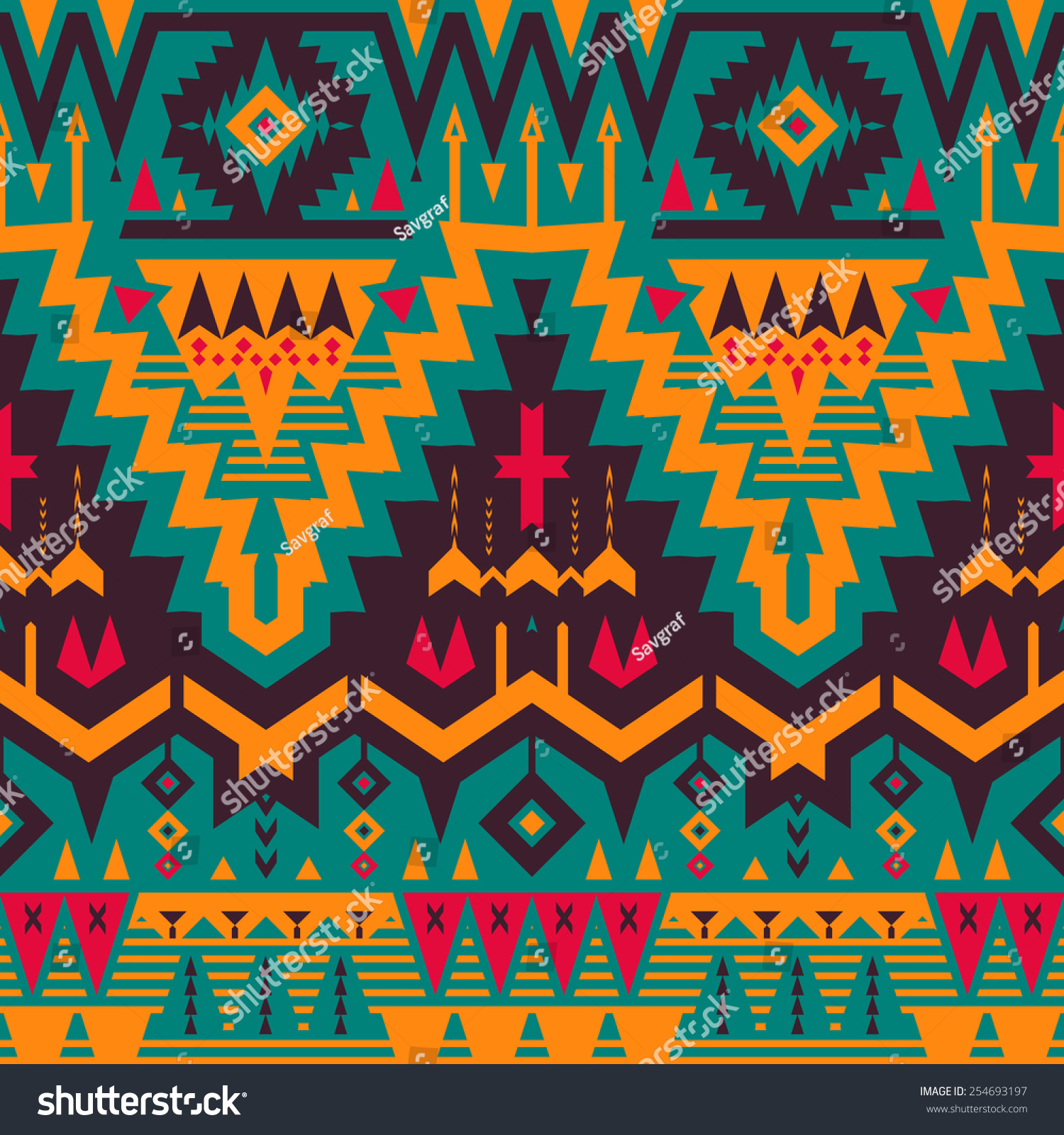 Vector Seamless Tribal Pattern In Orange And Emerald Colors ...