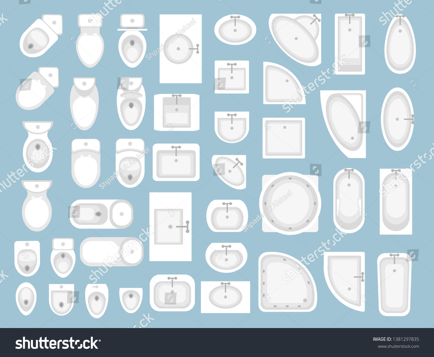 Bathroom Furniture Top View - Vector Set Bathroom Furniture Top View