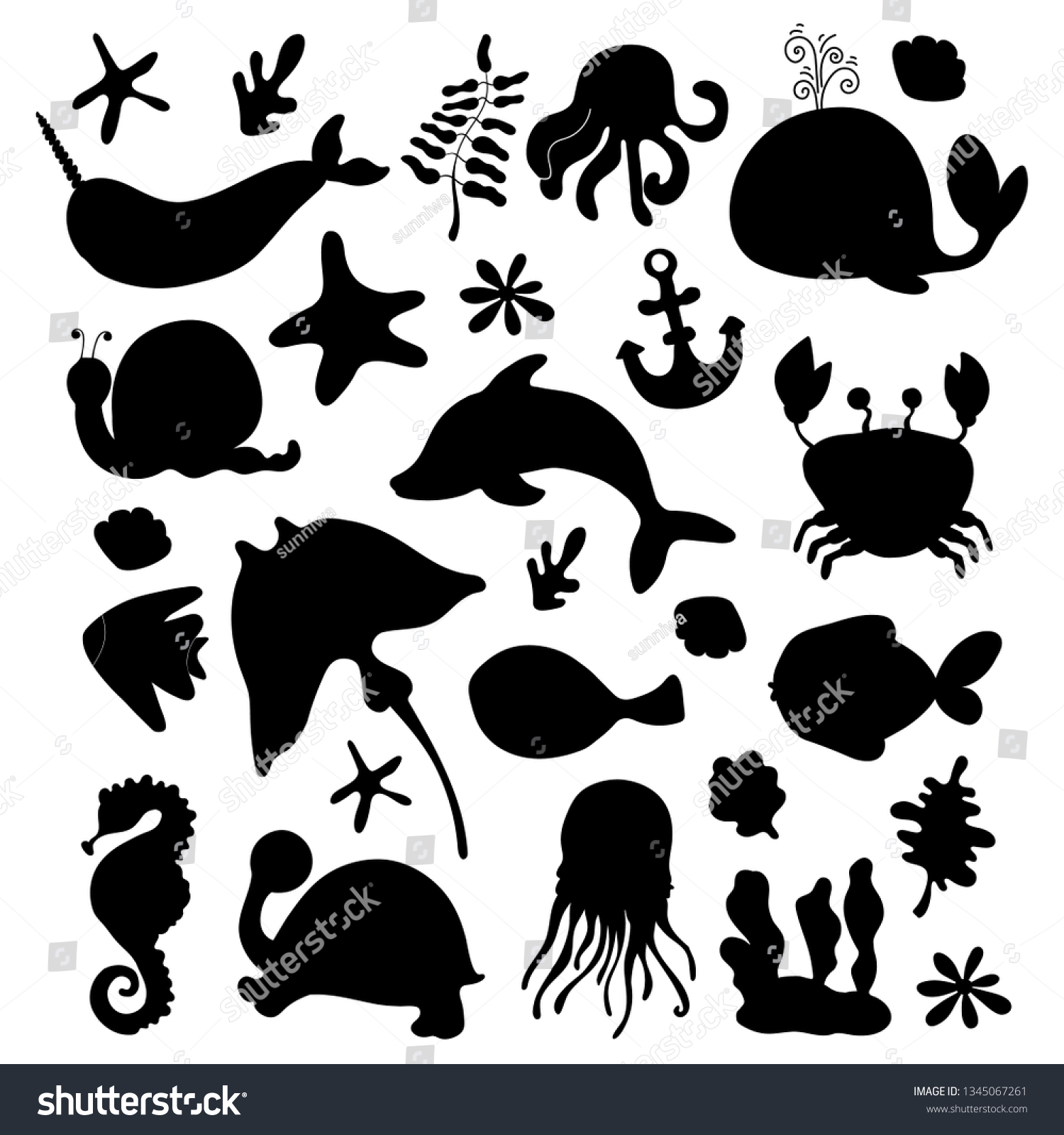 Vector Set Black Silhouettes Sea Animals Stock Image Download Now