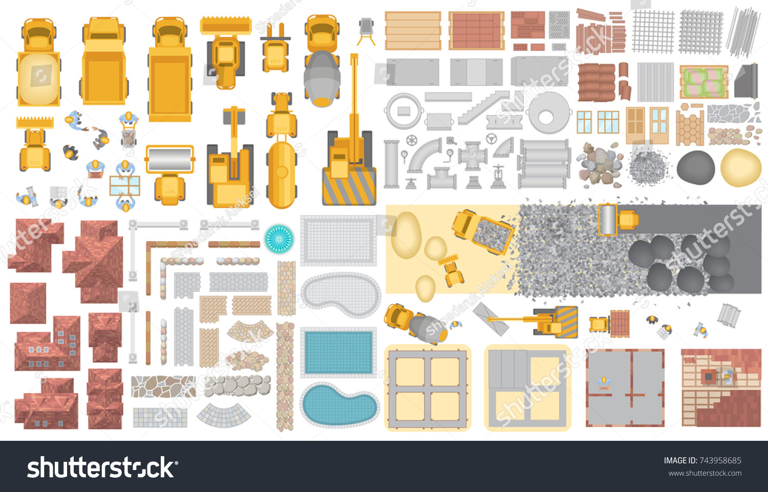 ベクター画像セット 建設 平面図 建設機械 建材 建物 上から見る のベクター画像素材 ロイヤリティフリー Shutterstock