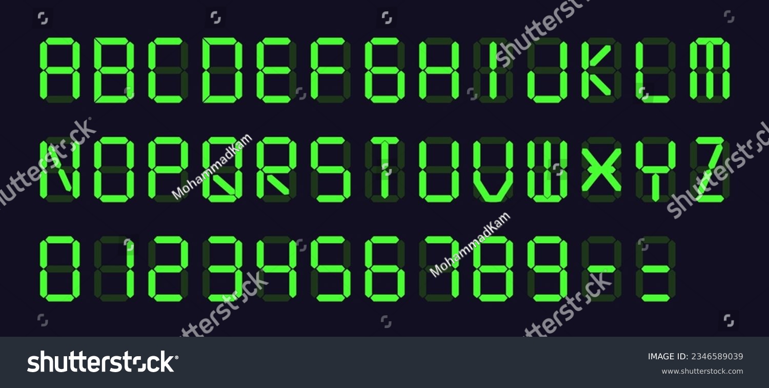 SVG of Vector Set: Green Digital Display Font with Alarm Clock Letters, Electronic Alphabet, Retro Calculator Symbols, LCD Monitor Characters, and Scoreboard Digits. svg
