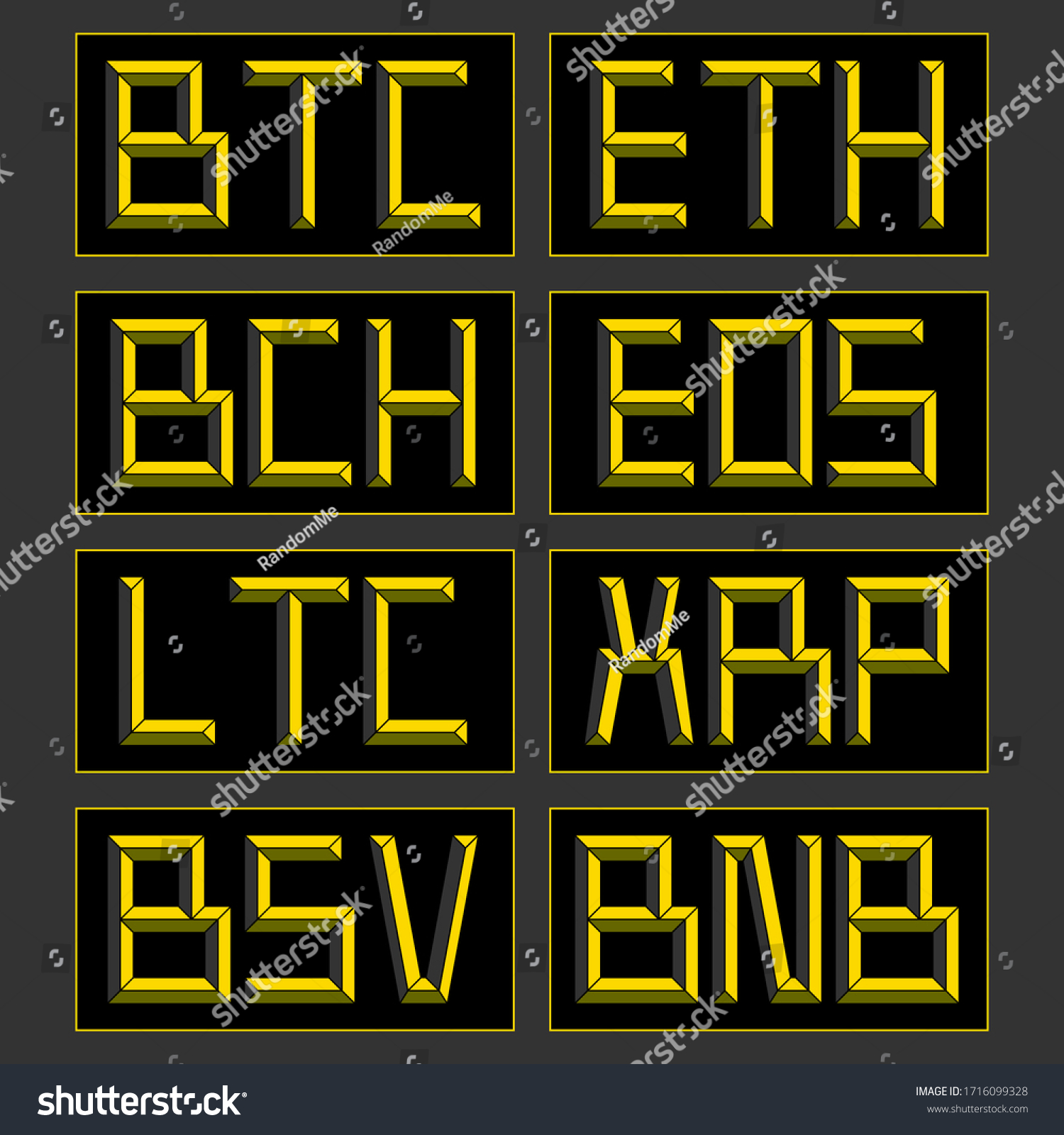 SVG of Vector set illustration of Cryptocurrency Ticker Symbols lettering in bevel style - perfect for bitcoin and cryptocurrency-related content, movement, product, service, exchange, etc. svg