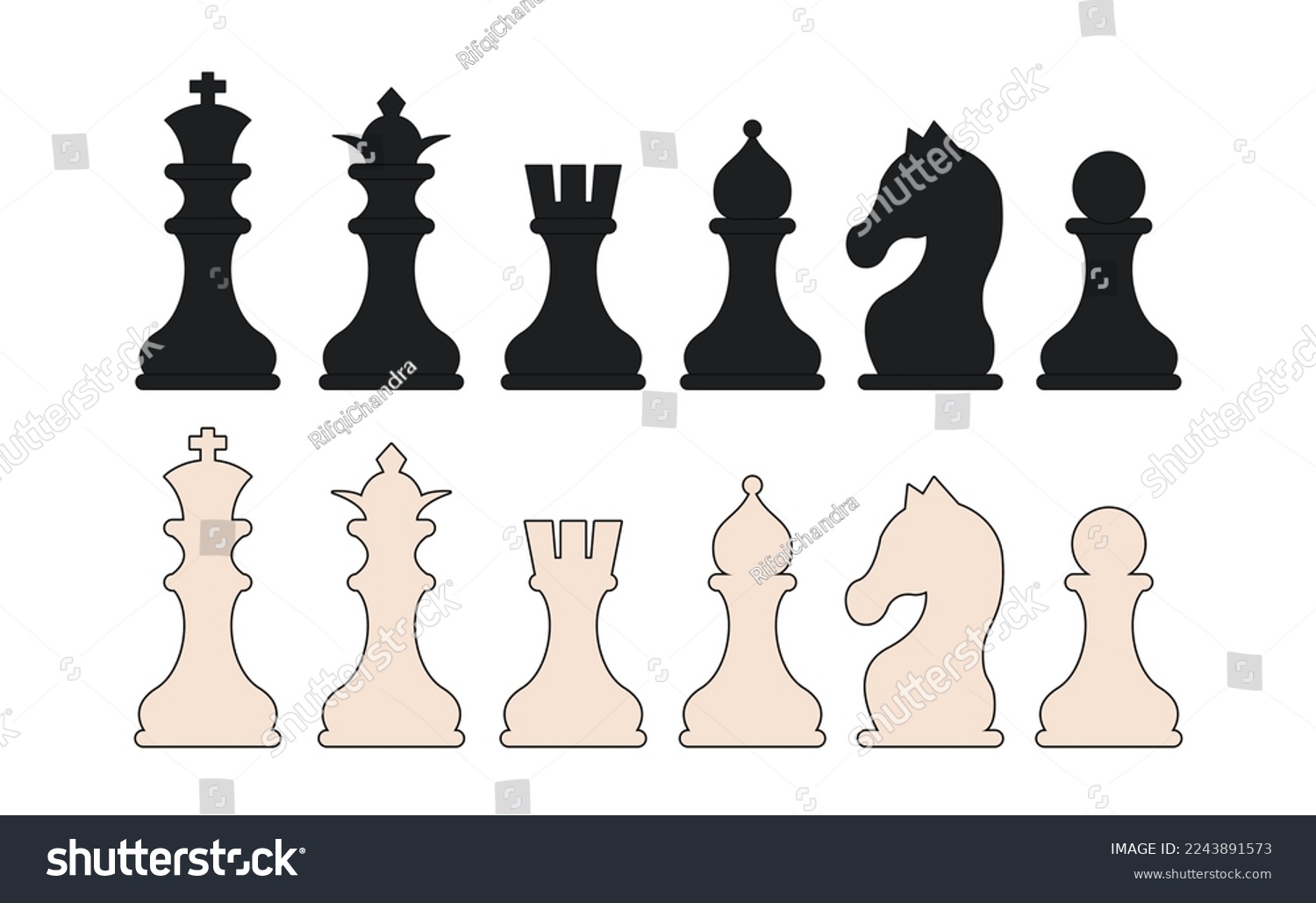 SVG of vector set of a full set of chess pieces on a white background. All standard chess pieces include the king, queen, bishops, knights, rooks, and pawns. Perfect for use in a variety of design projects. svg