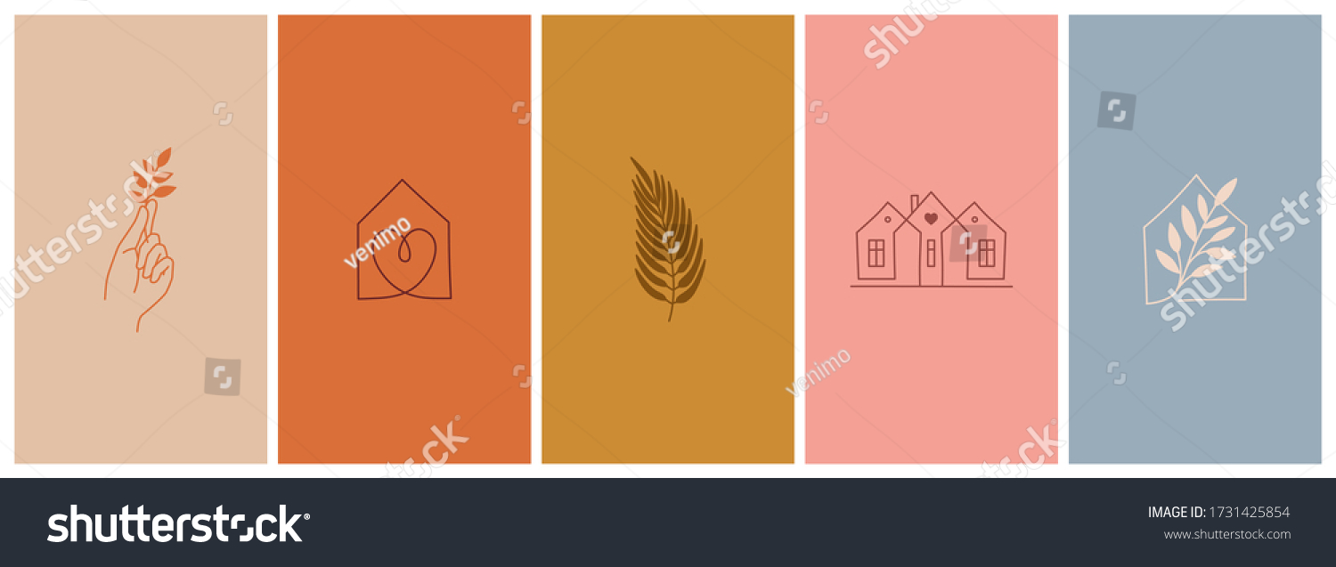 SVG of Vector set of abstract logo design templates in simple linear style - cozy home emblems, houses and plants  stay at home - symbols for social media stories highlights and posts for interior stores and svg