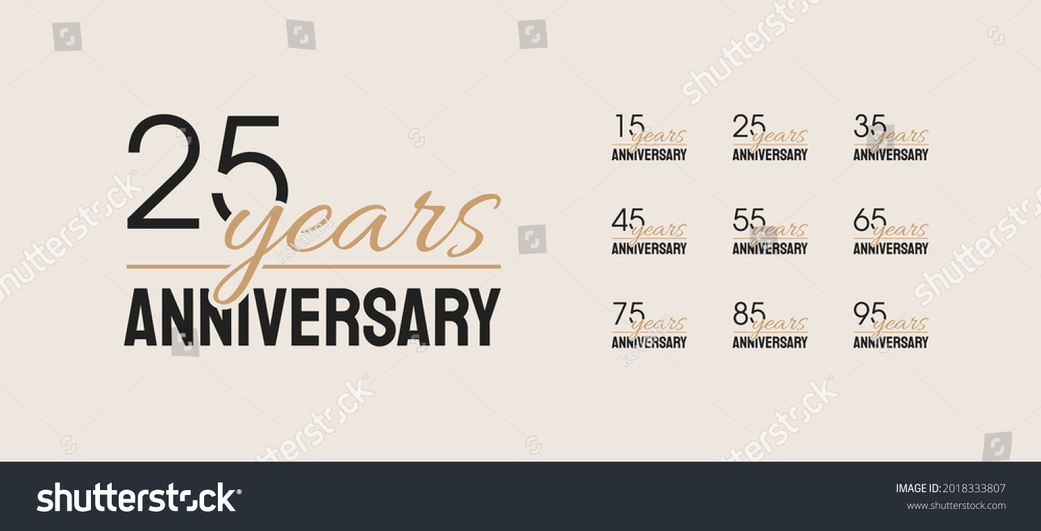 SVG of Vector set of anniversary logotype. 15, 25, 35, 45, 55, 65, 75, 85, 95 years. EPS 10 svg