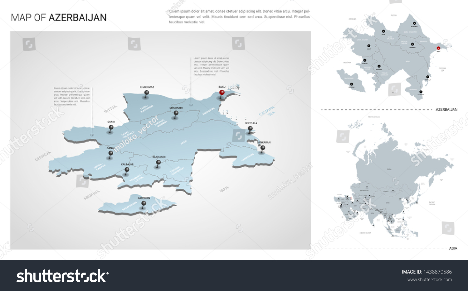 SVG of Vector set of Azerbaijan country.  Isometric 3d map, Azerbaijan map, Asia map - with region, state names and city names svg