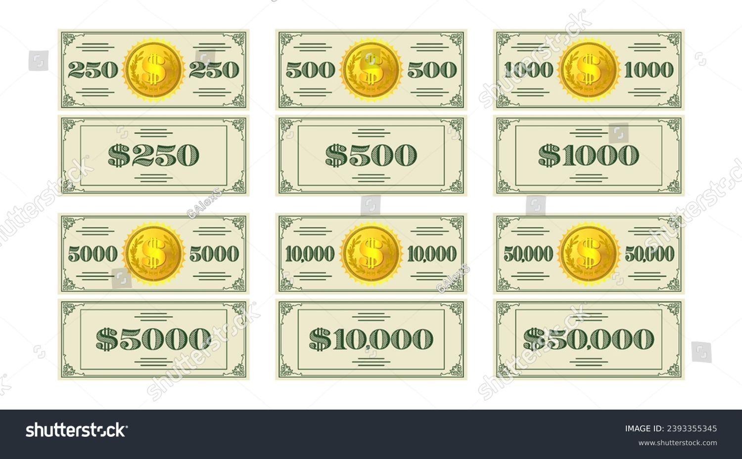 SVG of Vector set of banknotes, flyers, coupons or vouchers in denominations of 250, 500, 1000, 5000, 10000 and 50000 dollars, with a gold coin in the center. Obverse and reverse of play money. Part 2 svg