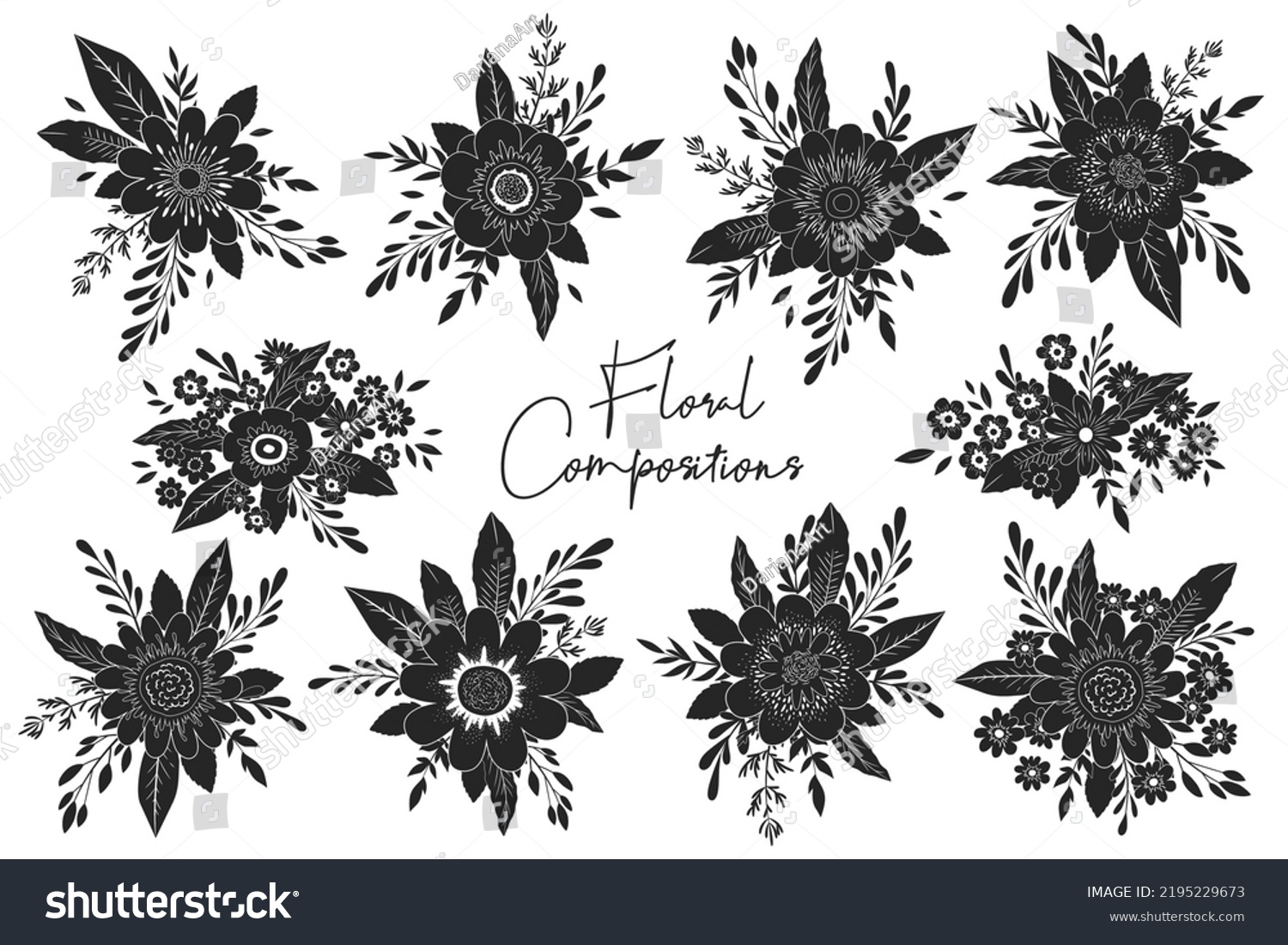 SVG of Vector set of black and white floral compositions from hand drawn flowers and leaves isolated on white background. Cutting bouquet templates for SVG files, wedding invitation, card svg