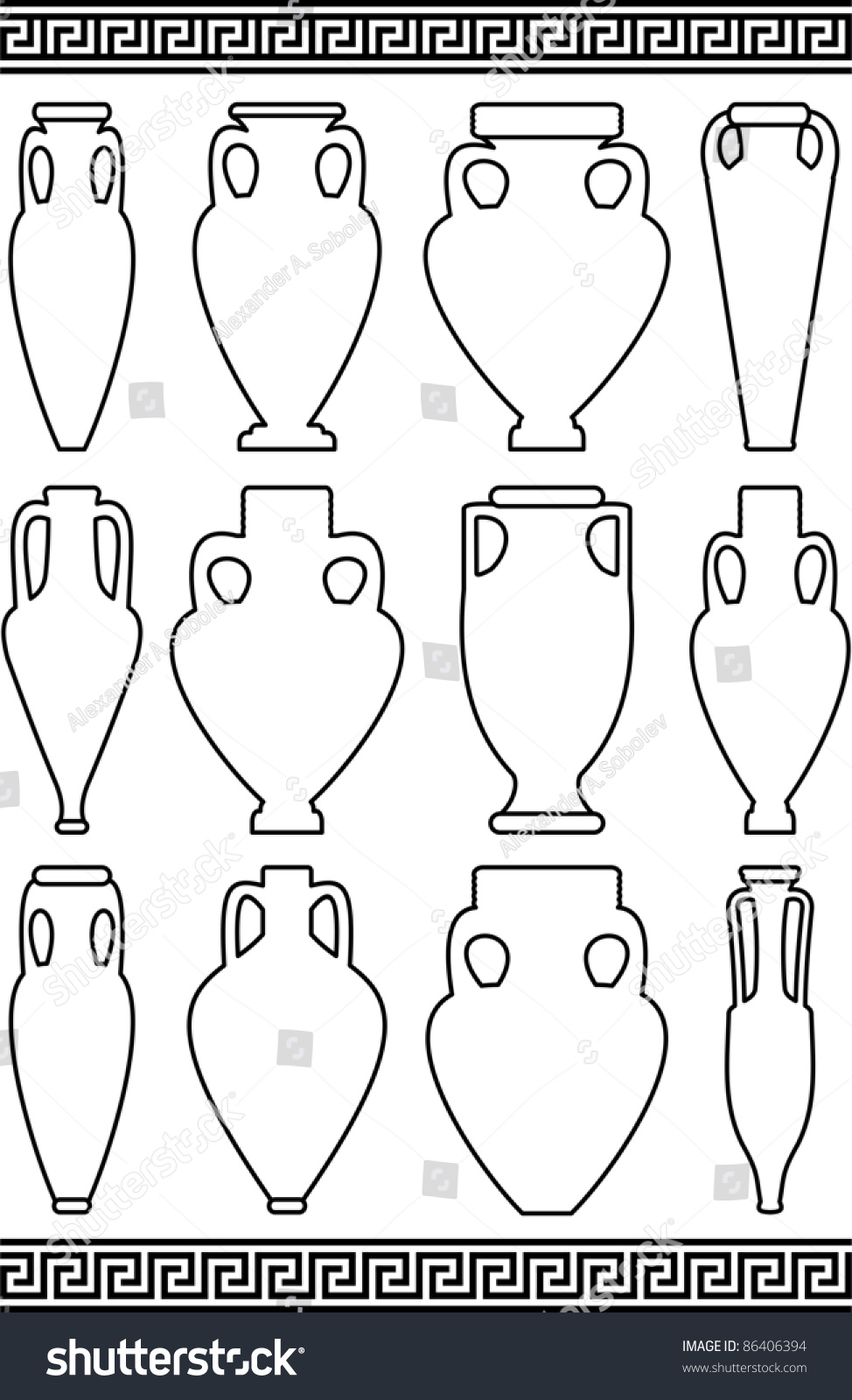 Vector Set Of Black Contours (White Silhouettes) Of Ancient Amphorae ...