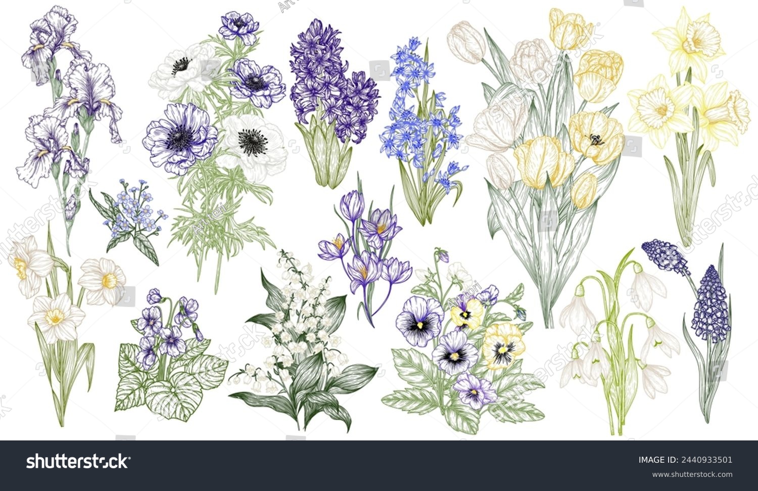 SVG of Vector set of 14 bouquets of spring flowers. Snowdrops, crocuses, brunnera, tulips, muscari, hyacinths, irises, daffodil, pansies, lily of the valley, anemone, scilla svg