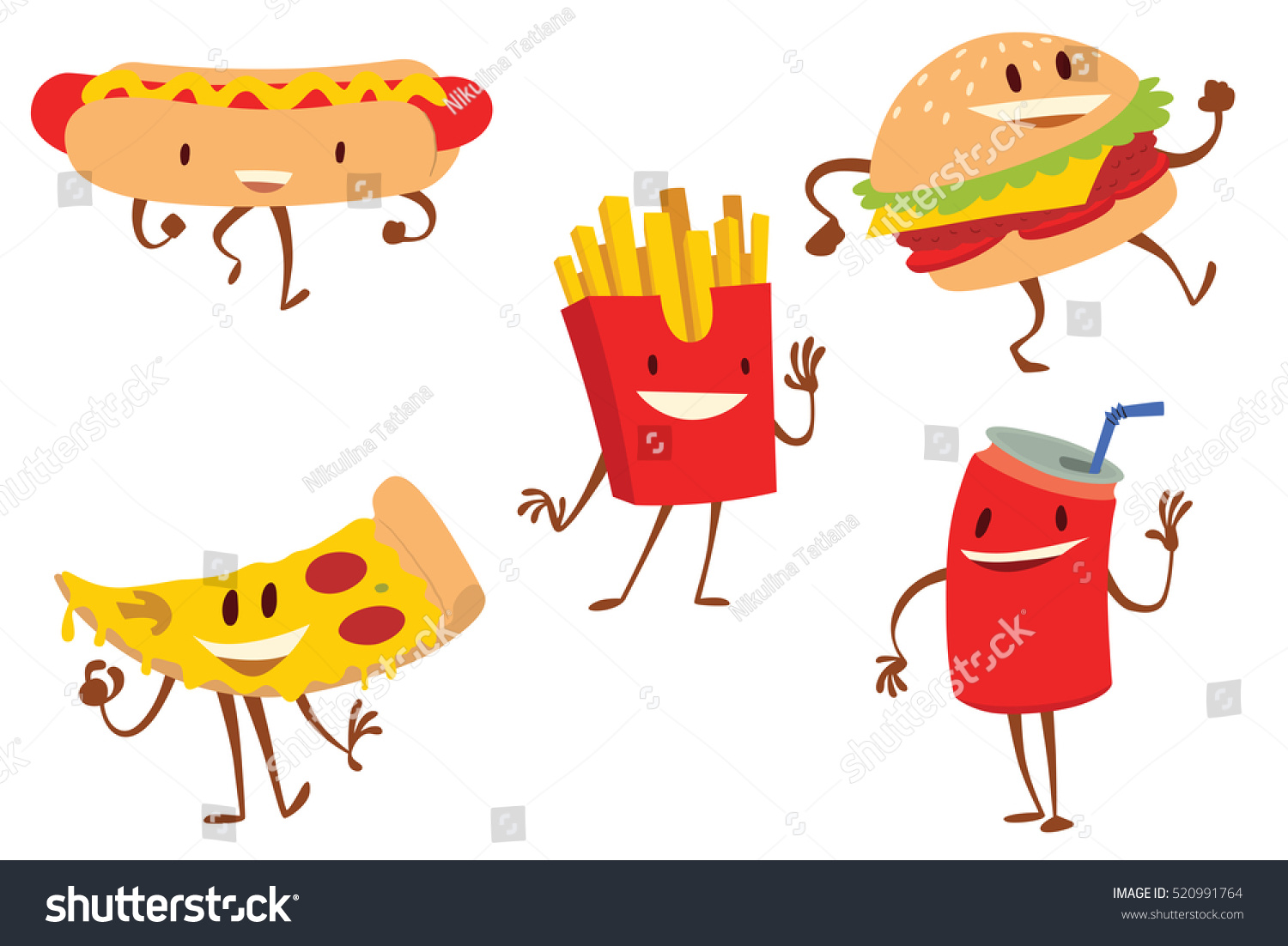 Vector set of cartoon colored images of funny snacks a hot dog a hamburger