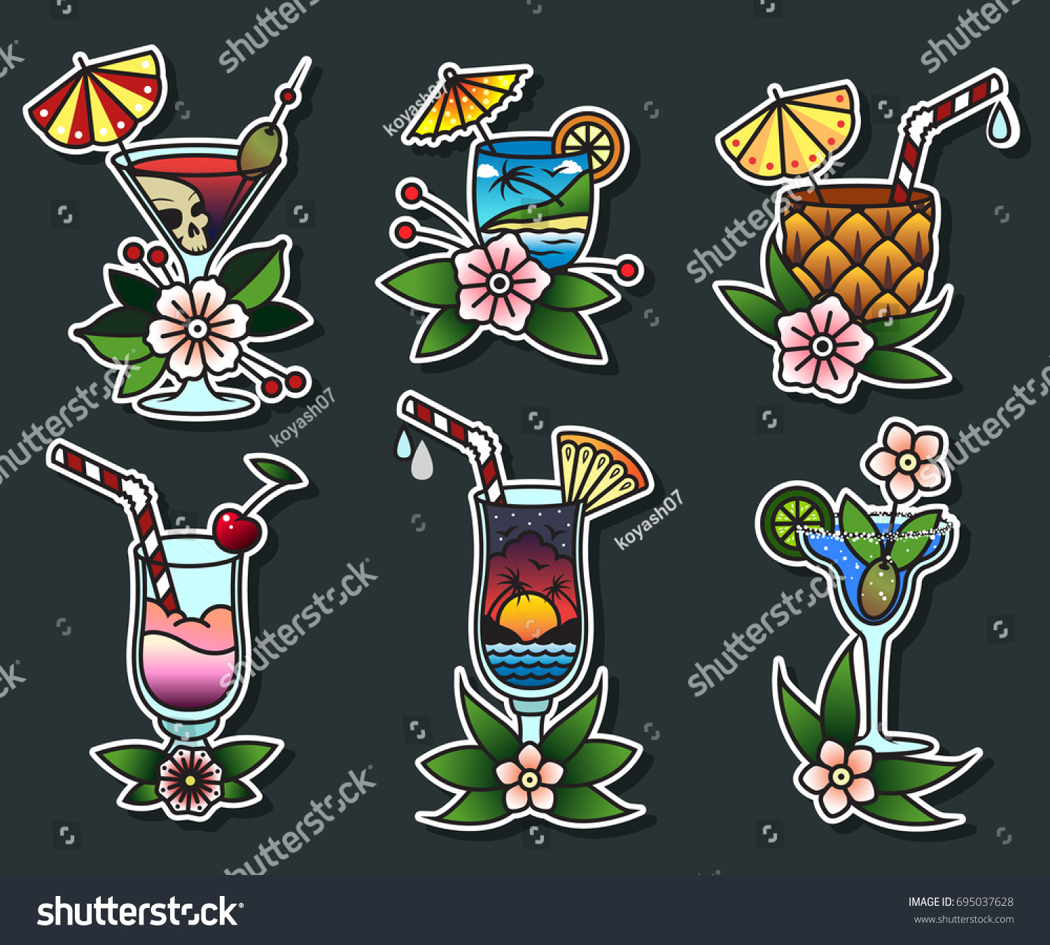 vector set cocktail glasses traditional tattoo stock vector vector set cocktail glasses traditional tattoo stock vector