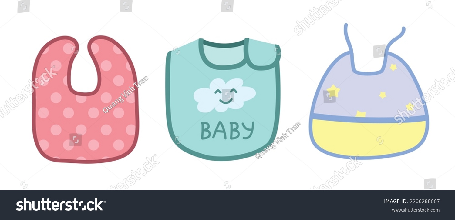 SVG of Vector set of cute baby bib clipart. Simple cute bibs for baby feeding flat vector illustration. Baby apron or bib with different pattern designs cartoon style. Kids, baby shower, nursery decoration svg