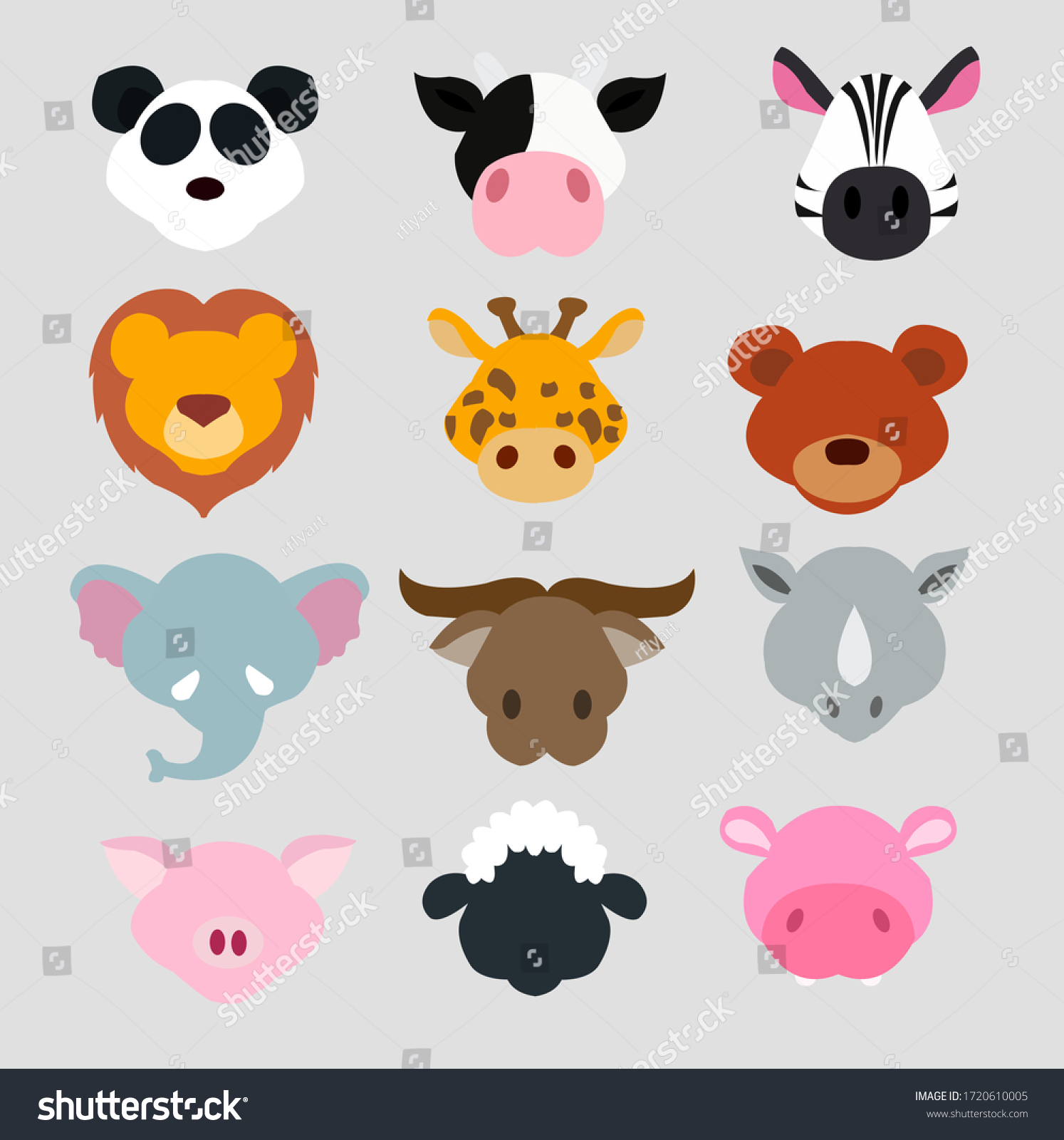 Vector Set Cute Cartoon Animals Flat Stock Vector (Royalty Free) 1720610005