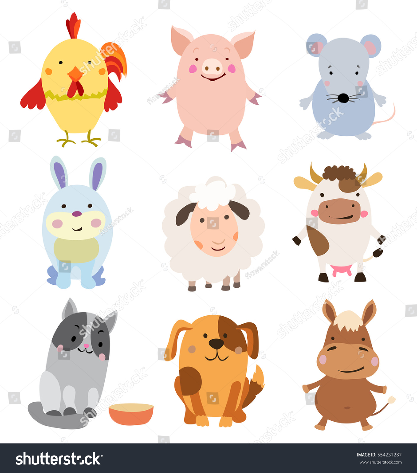 Vector Set Cute Farm Animals Pets Stock Vector (royalty Free) 554231287