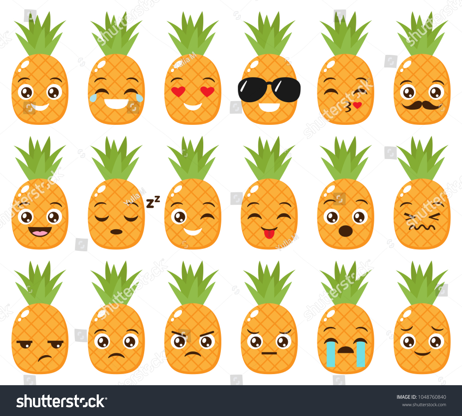 Vector Set Cute Kawaii Pineapple Emojis Stock Vector Royalty Free 1048760840