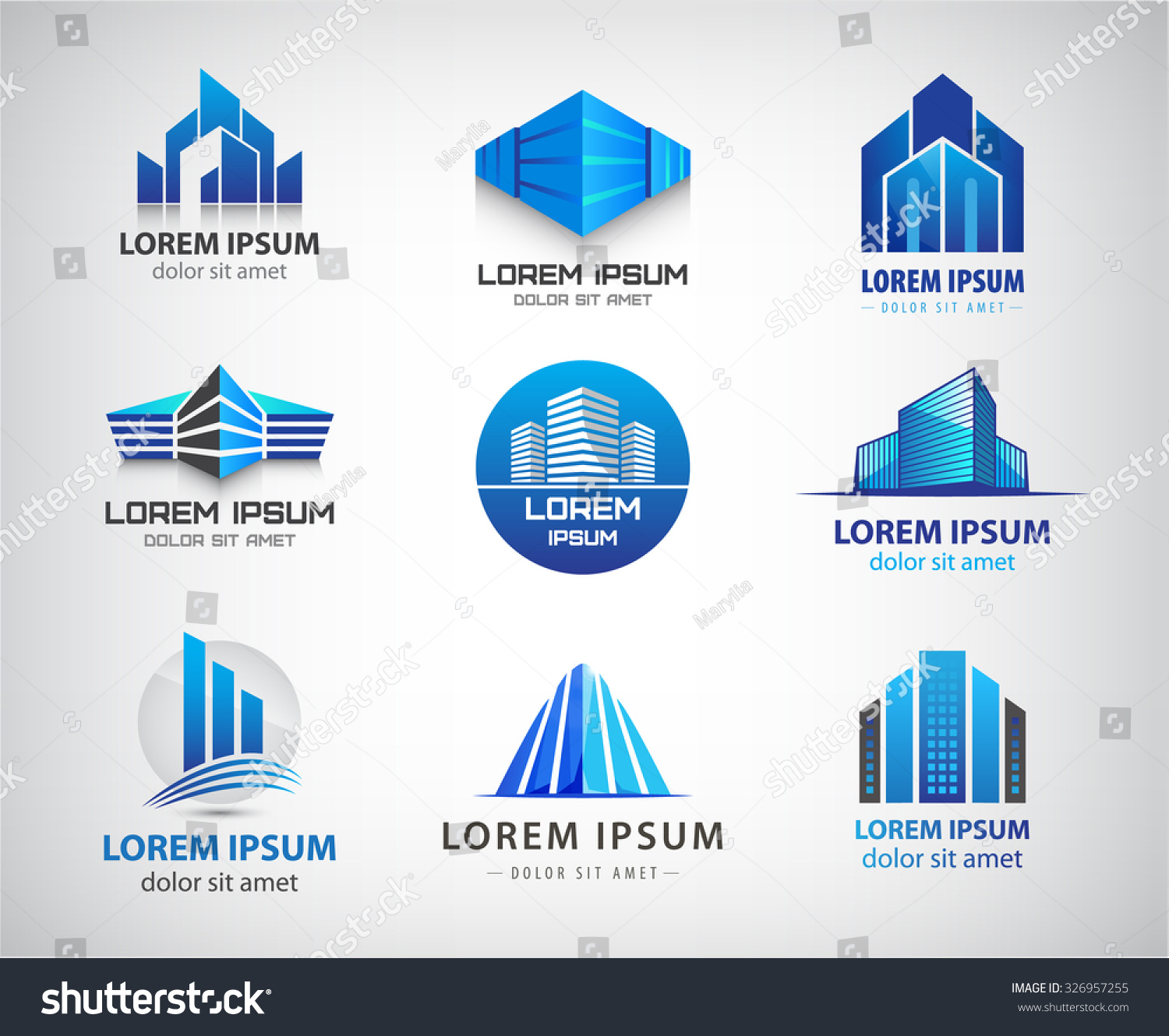 Vector Set Of 3d Blue Office Buildings Logos, Houses Skyscrapers Logos ...