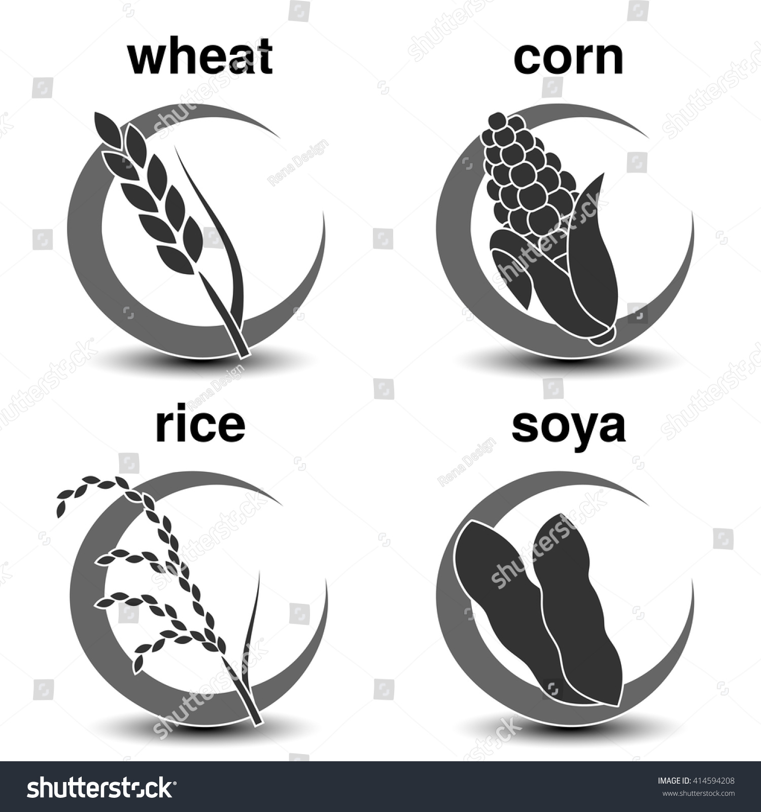 SVG of Vector set of dark grey circular symbols with the economic crops. Cereal icons - wheat, corn, rice, soya 
 svg
