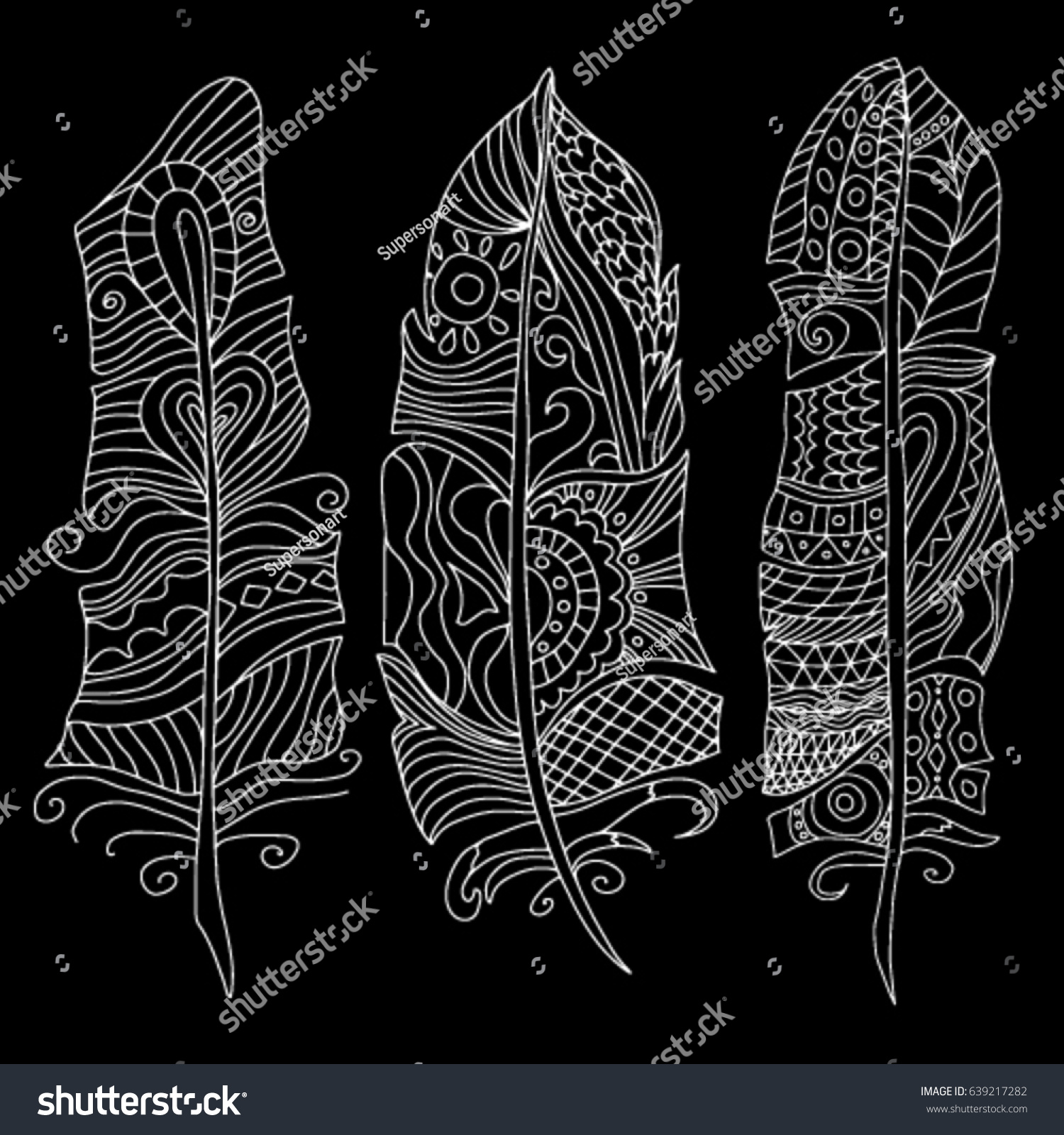Vector Set Doodle Art Feathers Isolated Stock Vector Royalty Free
