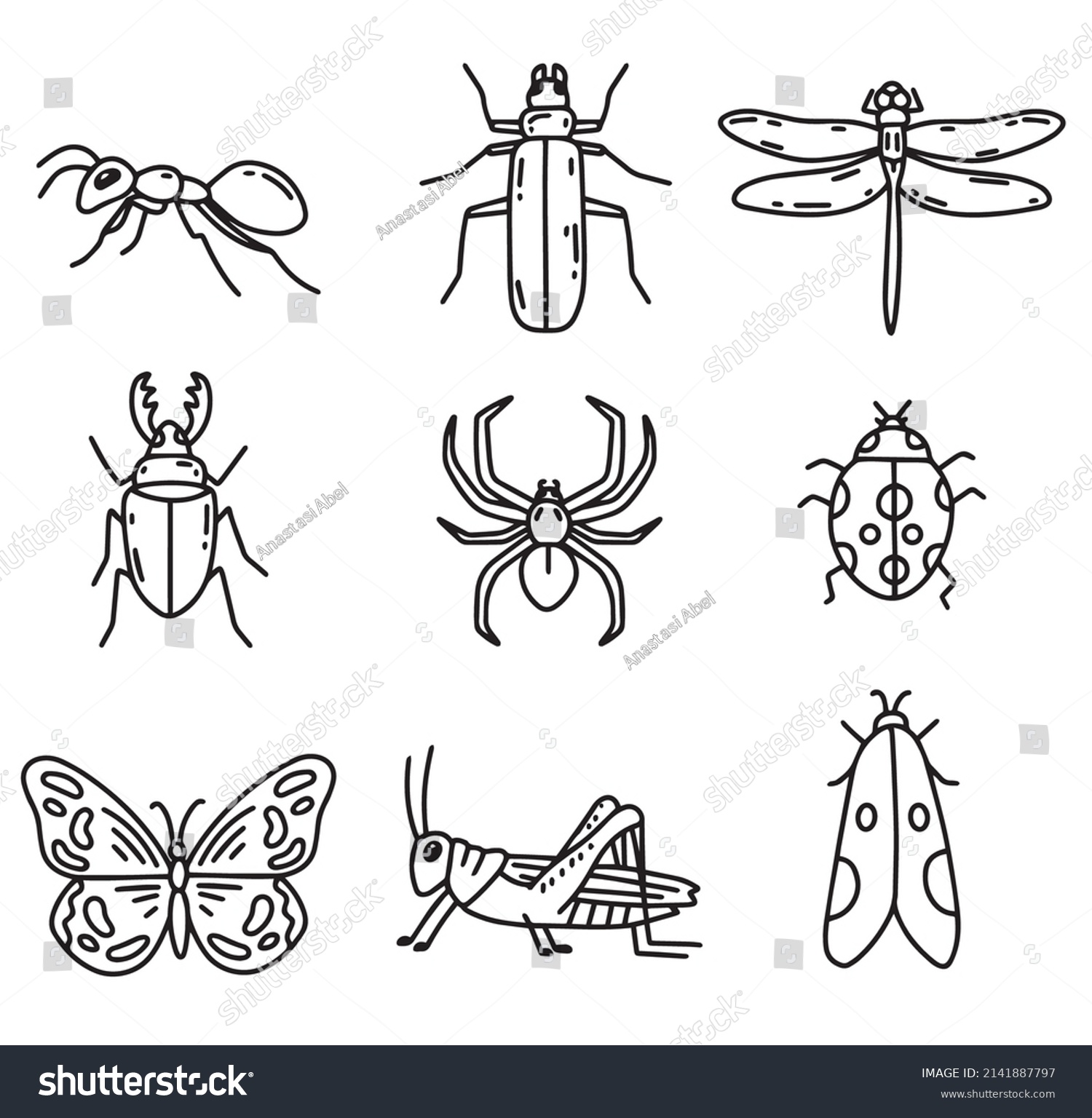 SVG of Vector set of doodle insects. Butterfly, spider, dor, locust, mole, beetle. Modern doodle illustrations of bugs. svg