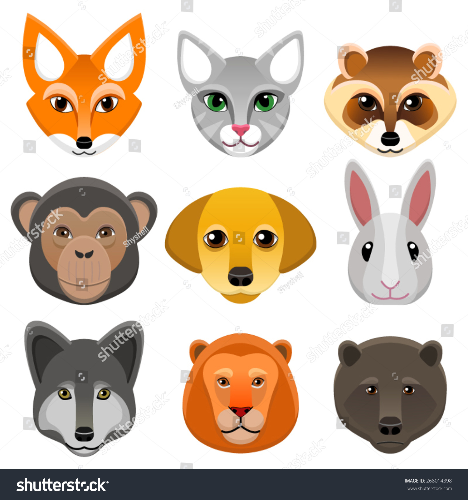 Vector Set Of Faces Of Animals - 268014398 : Shutterstock