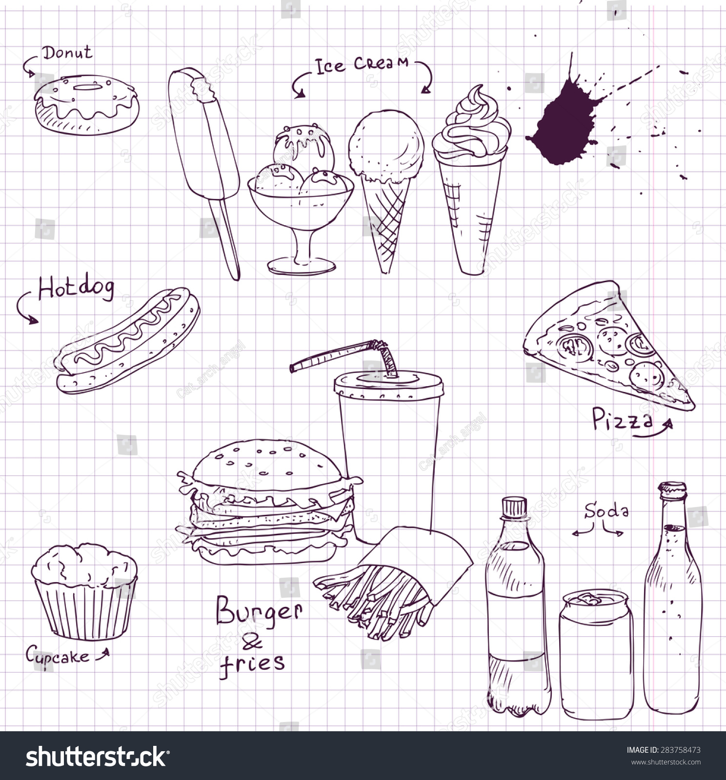 Vector Set Fastfood Drawing By Ink Stock Vector Royalty Free vector set of fastfood drawing by ink pen at paper from a school notebook junk