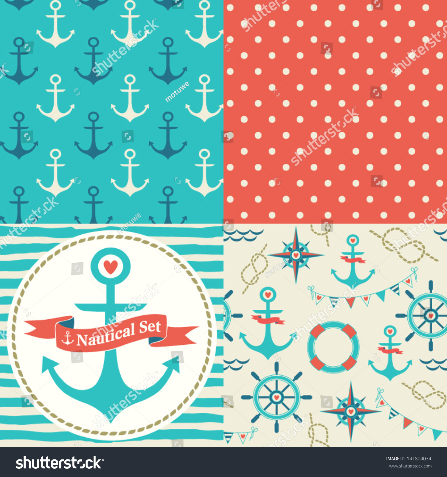 SVG of Vector set of four nautical seamless patterns, marine symbols. Use to create quilting patches or seamless backgrounds for various textile and craft projects. svg