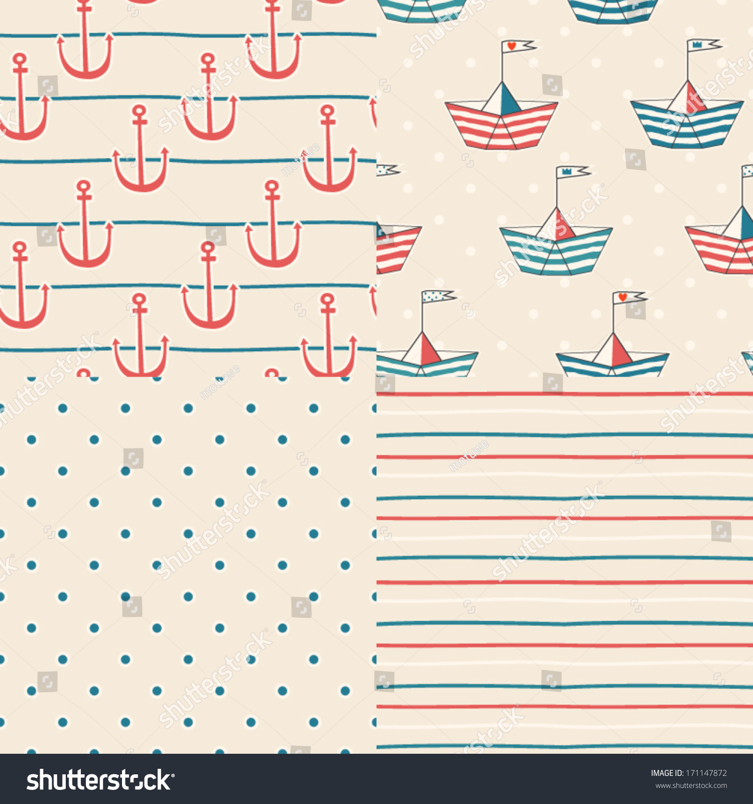 SVG of Vector set of four nautical seamless patterns. Nautical icons. Marine symbols. Cartoon boats. Kid's elements for scrap-booking. Childish background. Hand drawn vector illustration. svg