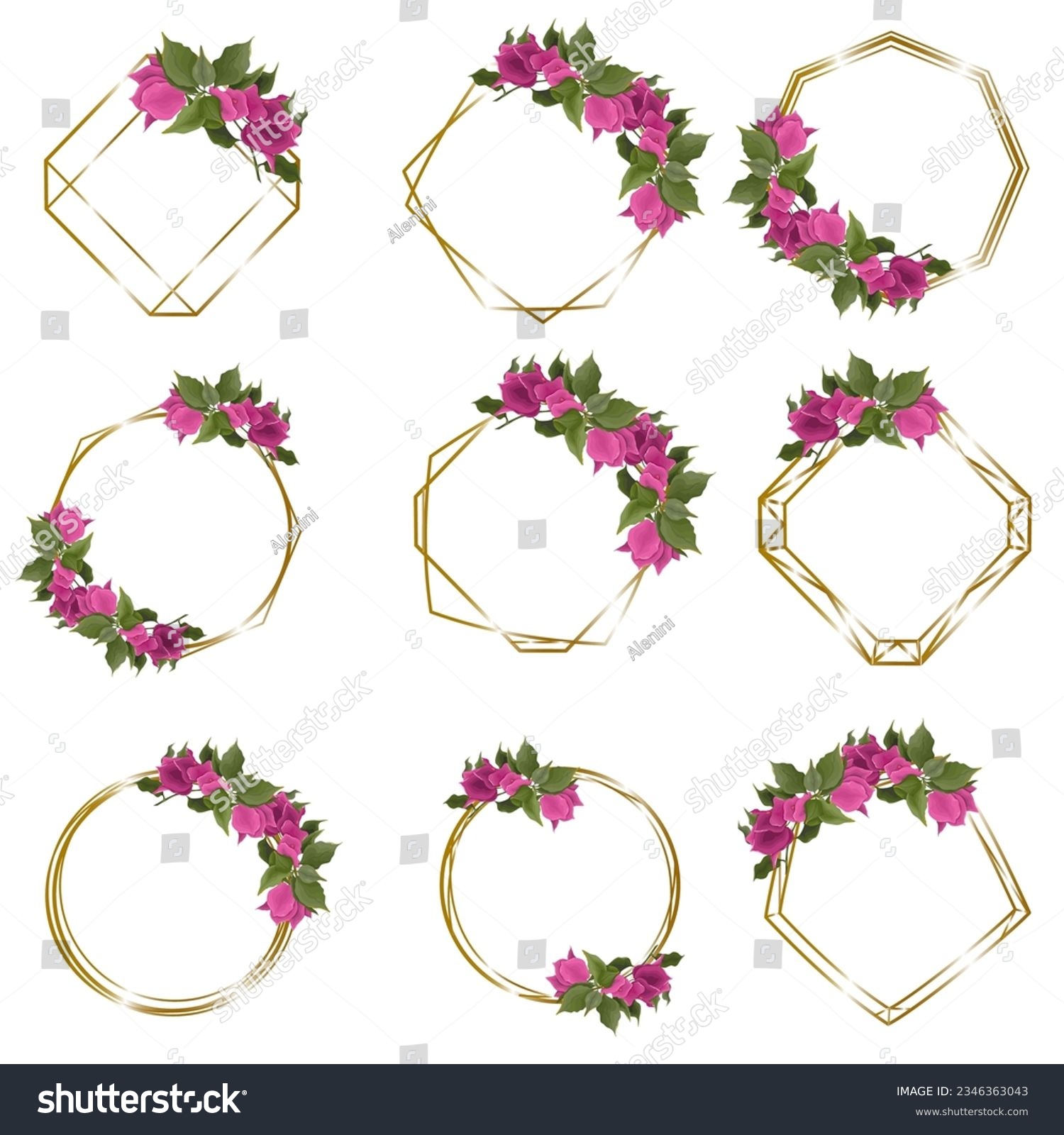 SVG of Vector set of gold frames of different shapes and pink bougainvillea. Frames on white background for holiday design.  svg