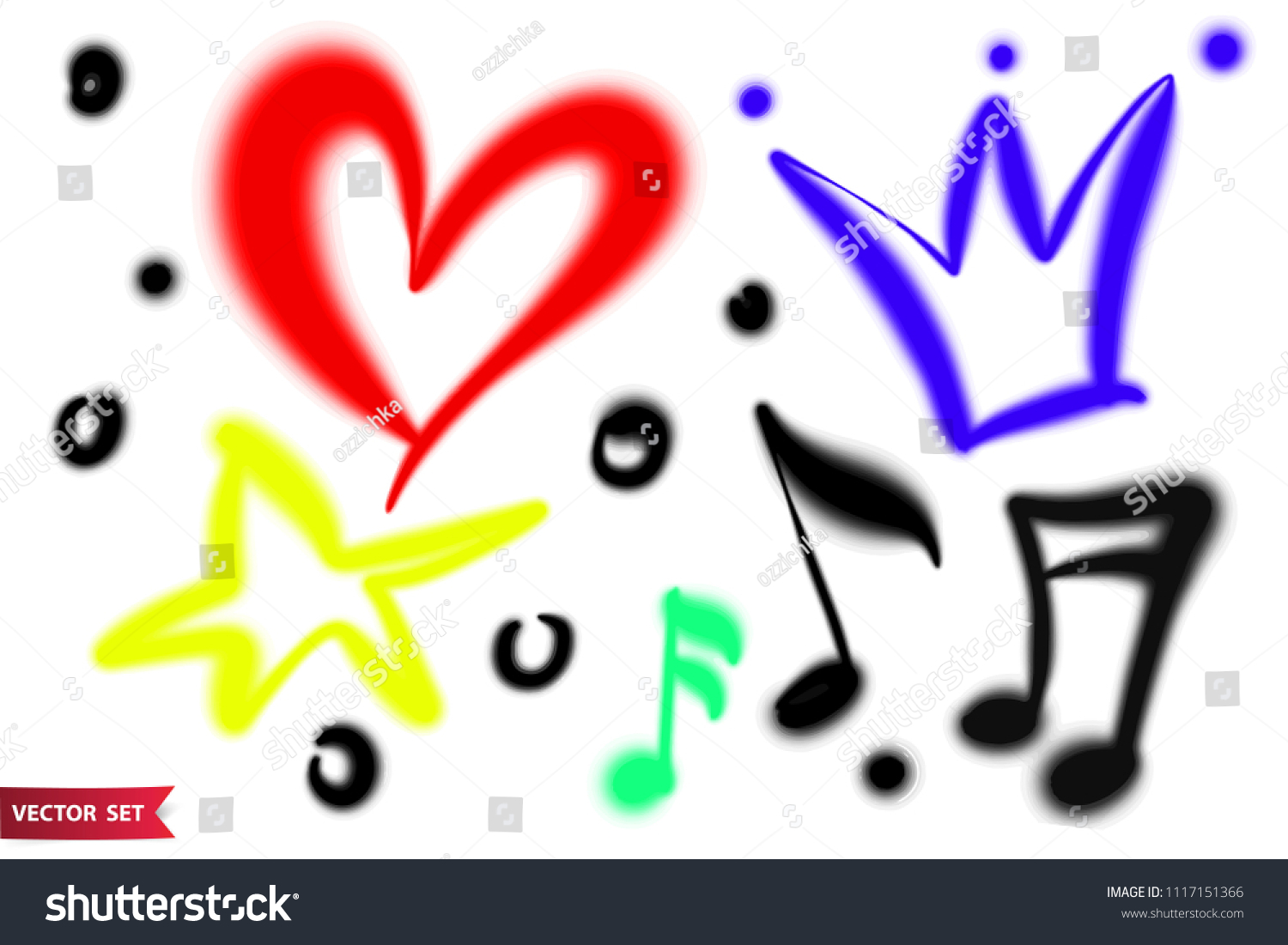 SVG of Vector set of hand drawn airbrush symbols. Various color hand drawn crown, heart, star and music sheets. svg