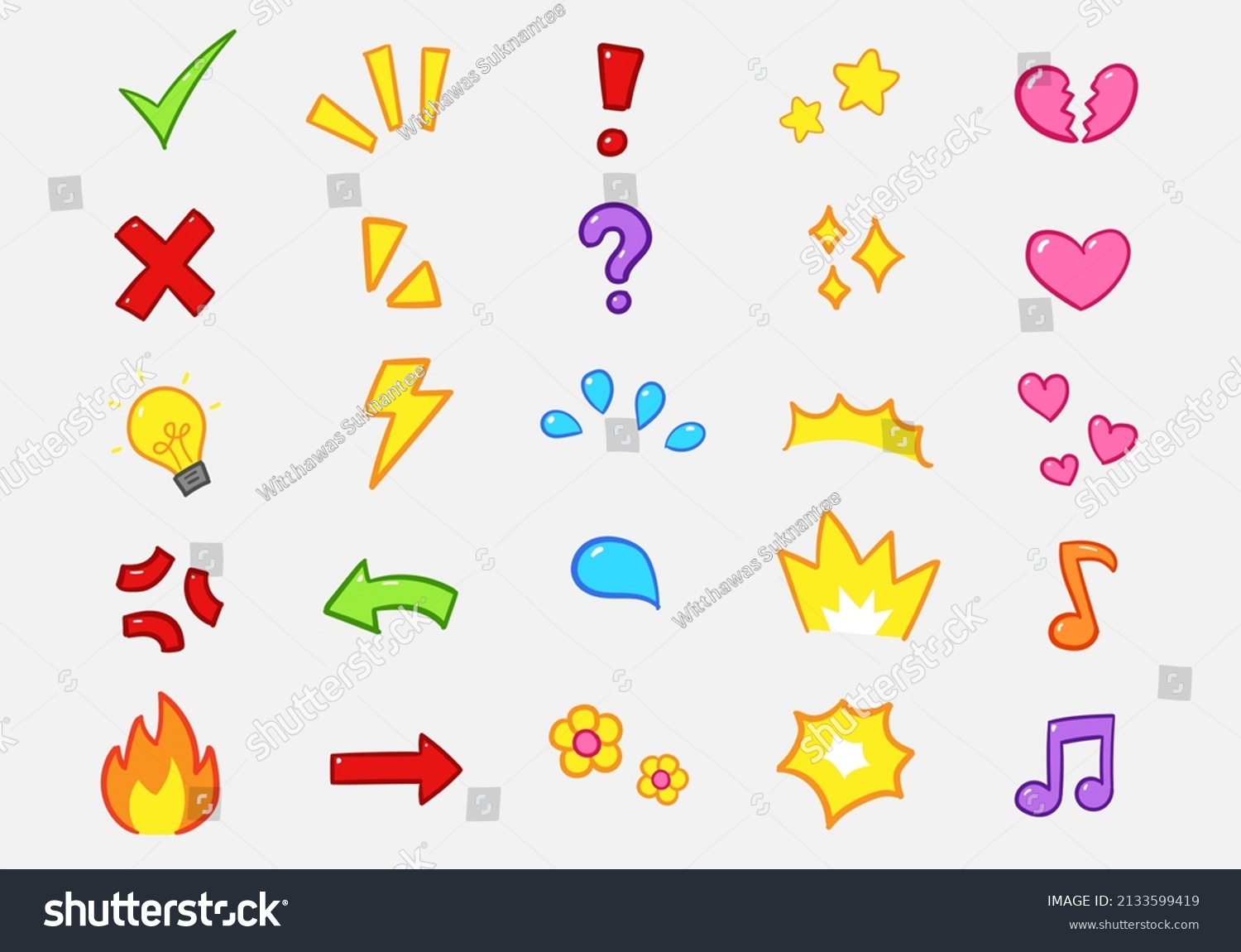 SVG of Vector set of hand-drawn cartoony expression sign doodle, directional arrows, emoticon effects design elements, cartoon character emotion symbols, cute decorative drawing. svg
