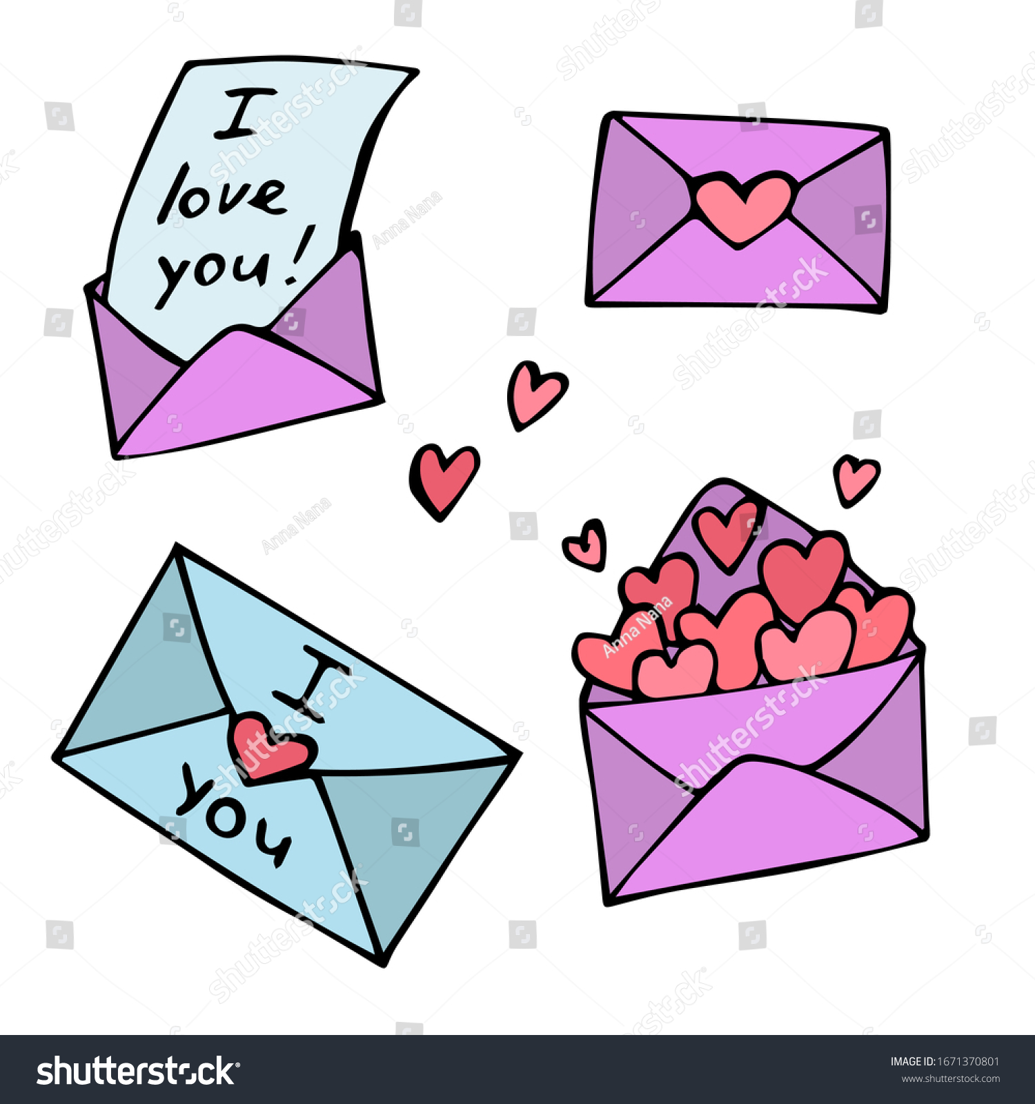 Vector Set Handdrawn Romantic Cartoon Envelopes Stock Vector Royalty Free 1671370801 3440