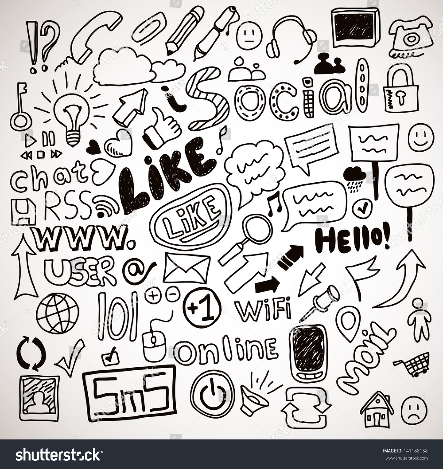 Vector Set Hand Drawn Social Doodles Stock Vector 141188158 - Shutterstock