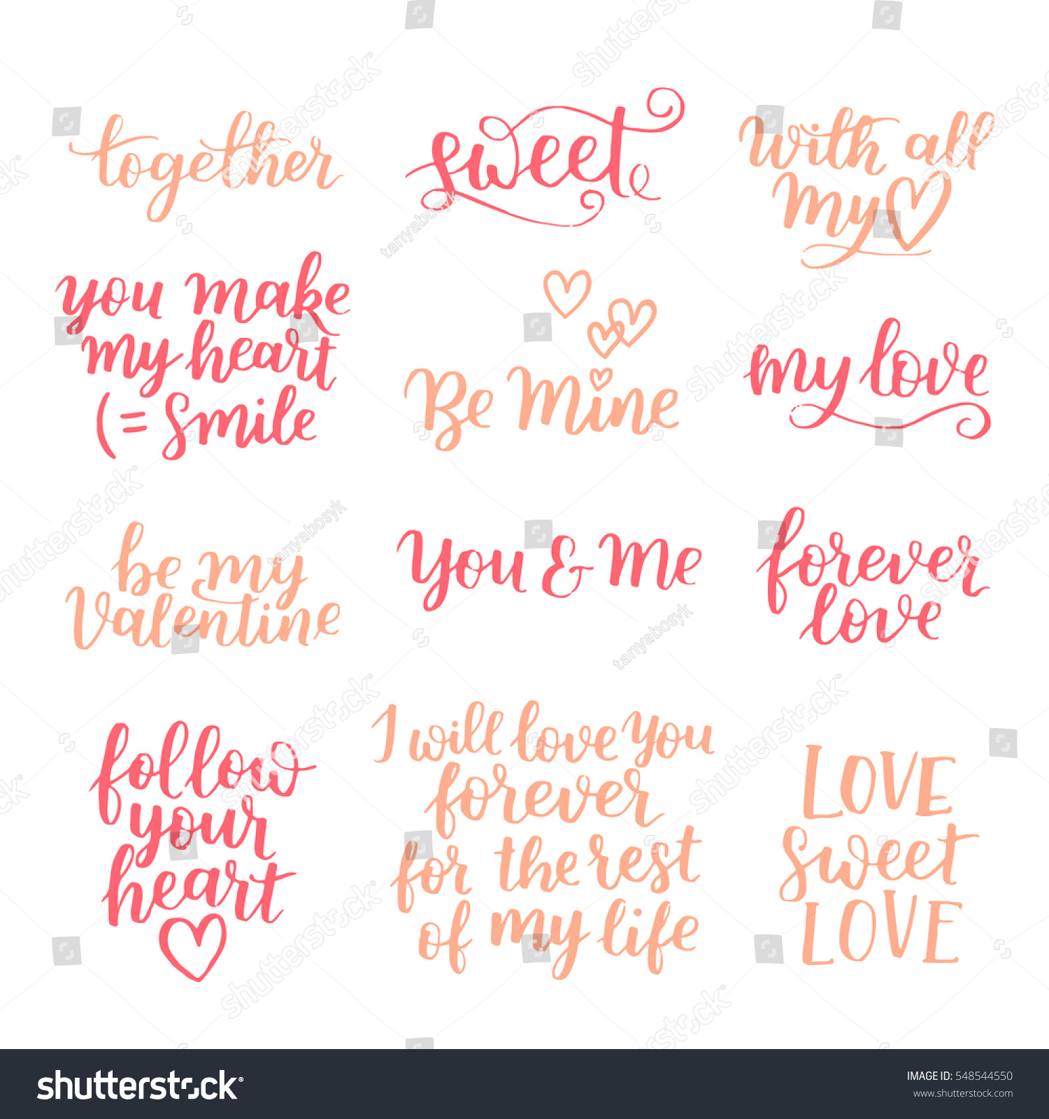 Vector set of handwritten lettering positive quote about love to valentines day wedding typography