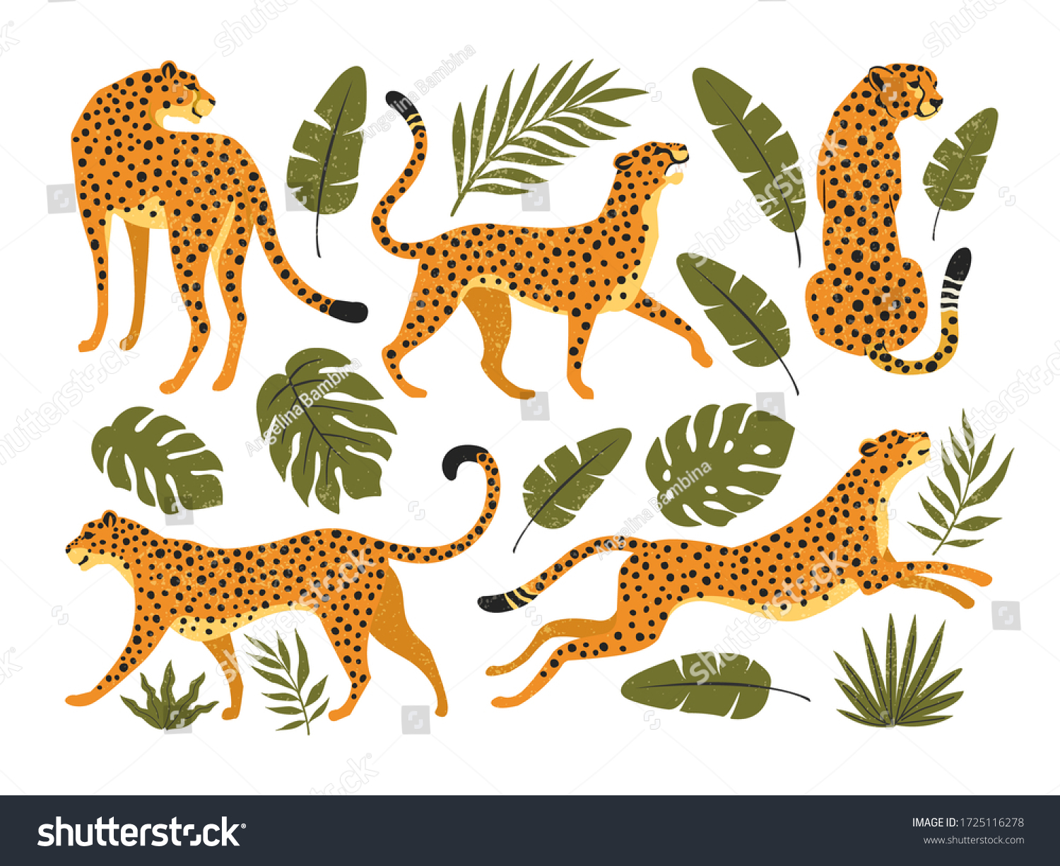 Vector Set Leopards Cheetahs Tropical Leaves Stock Vector (Royalty Free