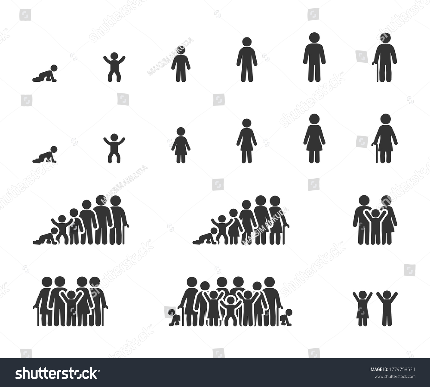 SVG of Vector set of life cycle flat icons. People of different ages, man and women, family, stages of growing up. svg