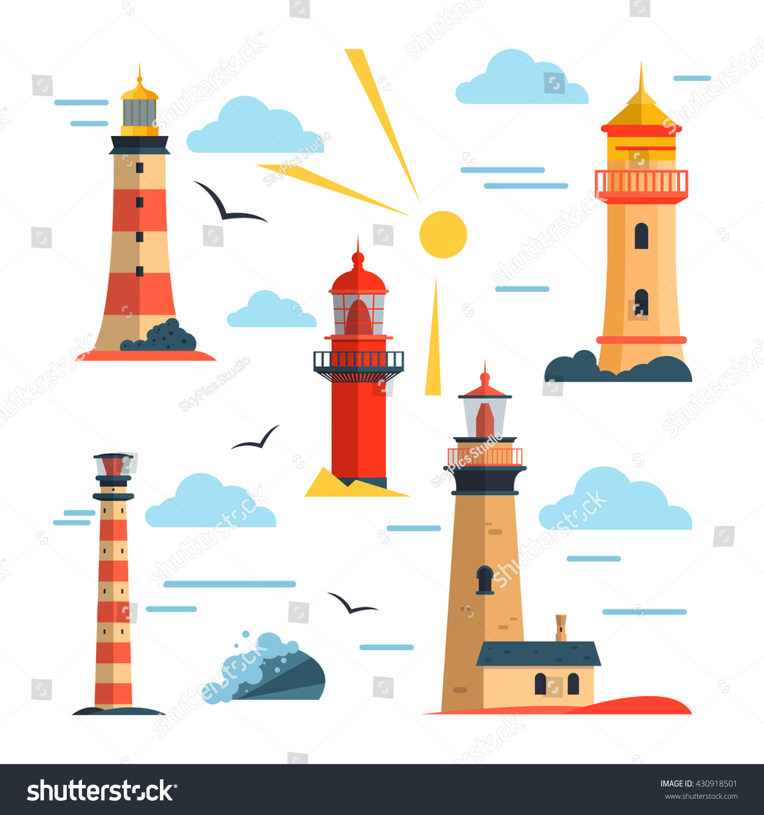 Vector Set Lighthouses Design Elements Icons Stock Vector