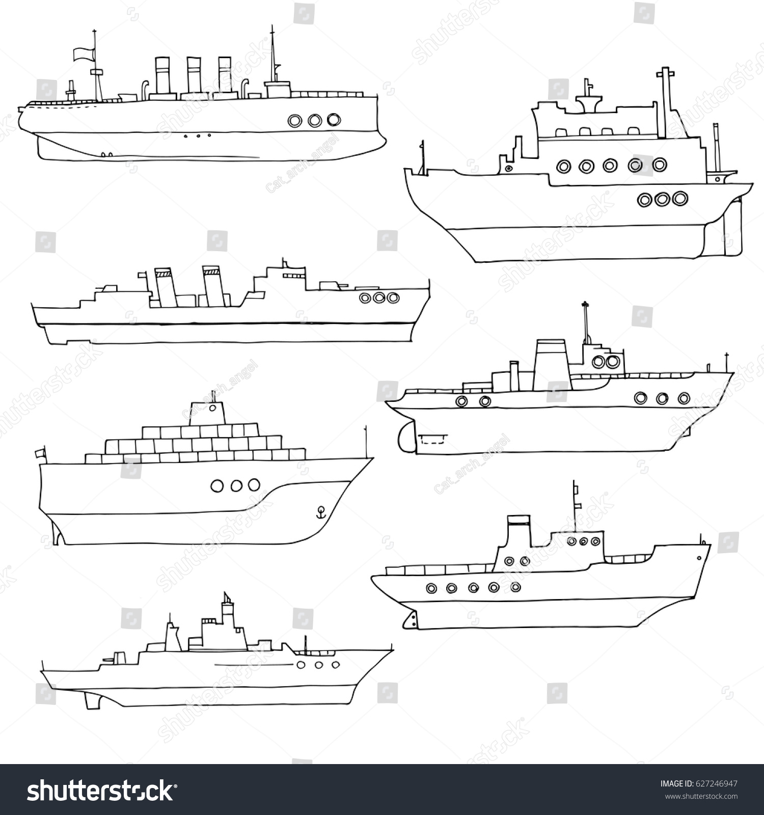 Vector Set Line Drawing Ships Hand Stock Vector (Royalty Free